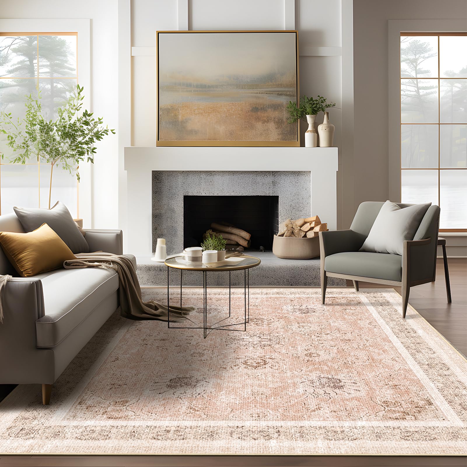 Phantoscope Vintage Collection Area Rug 6'x9' for Living Room - Washable Rug Large Boho Carpet Non-Slip for Bedroom Dining Room, Indoor Low-Pile Neutral Distressed Accent Rug, Soft Pink/Beige