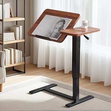 Overbed Bedside Standing Desk, Mobile Rolling Laptop Stand Tilting Walnut | Over Bed Table with Wheels, Computer Portable Tilt Top Hospital for Hospital and Home Use