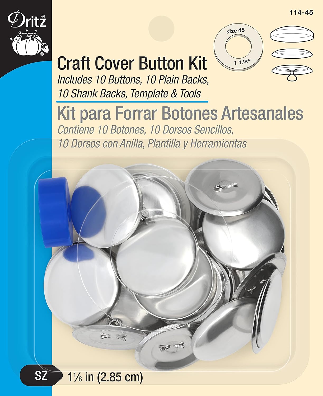 Dritz 114-45 Craft Cover Button Kit with Tools, Size 45 - 1-1/8-Inch, 10-Sets