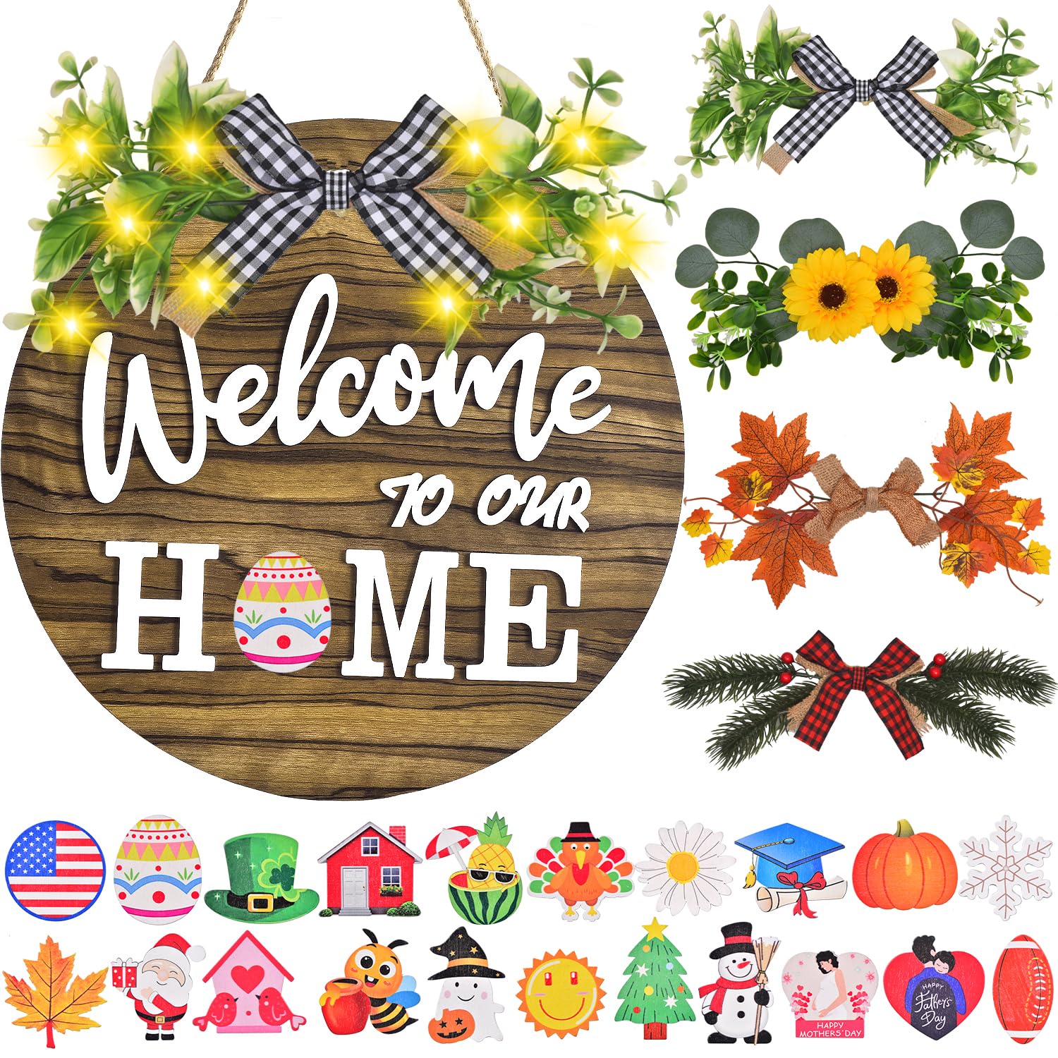 Interchangeable Welcome Home Sign, Front Door Decor With 4 Seasonal Wreaths and 21 Changeable Icons, Rustic Wood Wall Porch Hanger for Holiday Halloween Christmas Housewarming Gift (Brown)