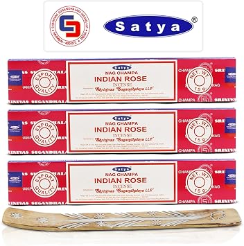 Satya Indian Rose Incense Sticks, Satya sai Baba Insenses 15gmx3 45 gm Pack with Raajsee Incense Holder Bundle, Satya Nag Champa Natural Incense