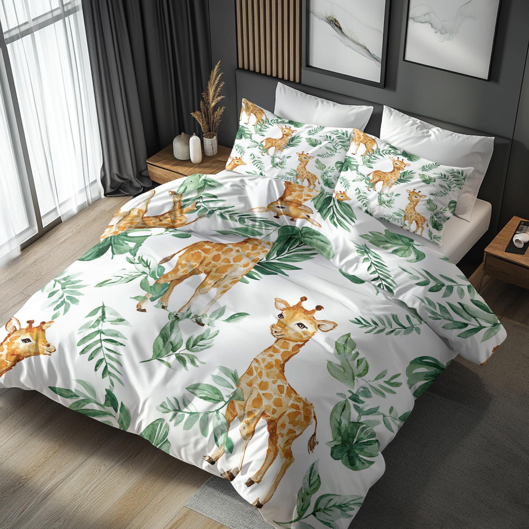 Nogawa Green Brown Giraffe Bedding Single - Forest Animal Duvet Cover Single, Reversible Quilt Cover & 1 Pillowcase With Zip And Ties, Ultra Soft And Breathable Brushed Microfibre Bed Set