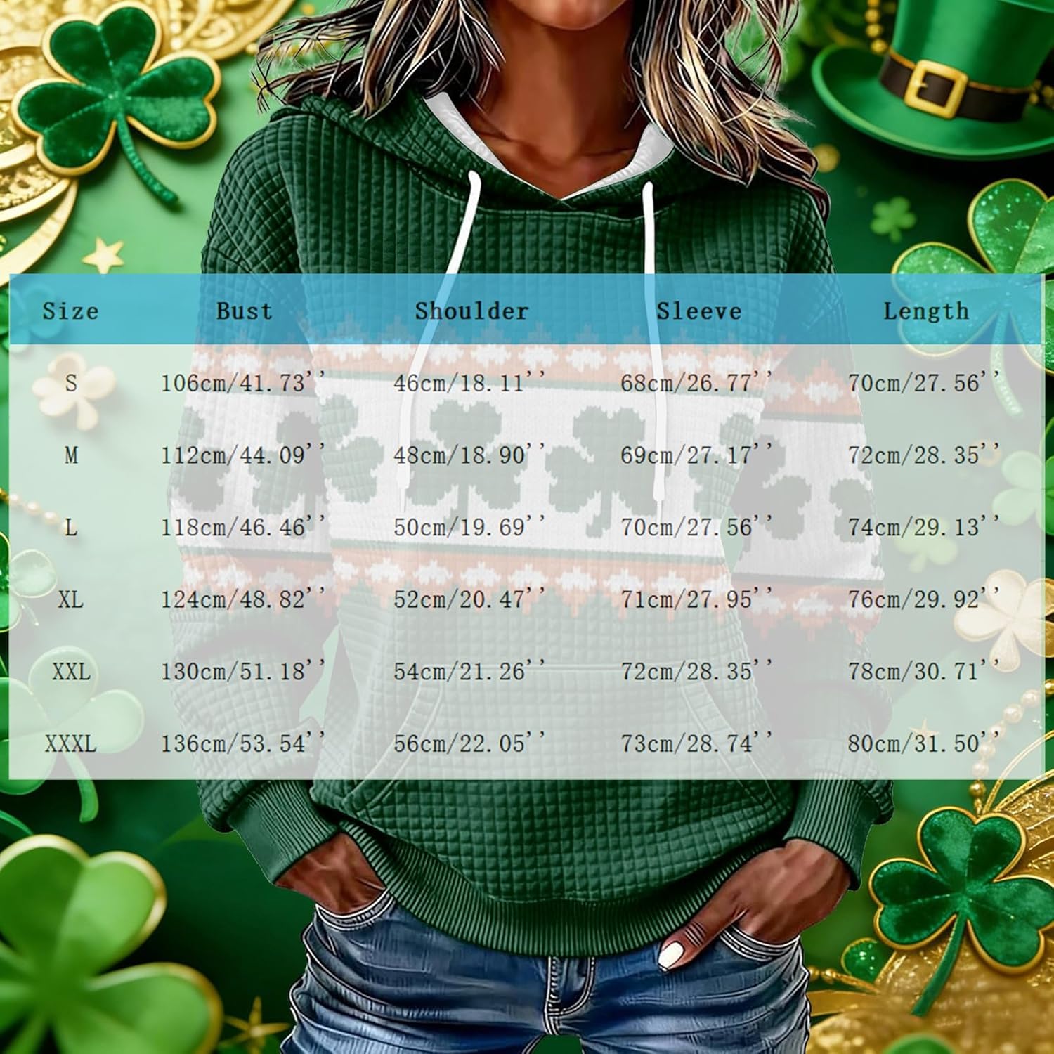 St Patricks Day Sweatshirt for Women Long Sleeve Clover Printed Waffle Knit Hoodie Funny Shamrock Irish Sweater Outfit - Image 7