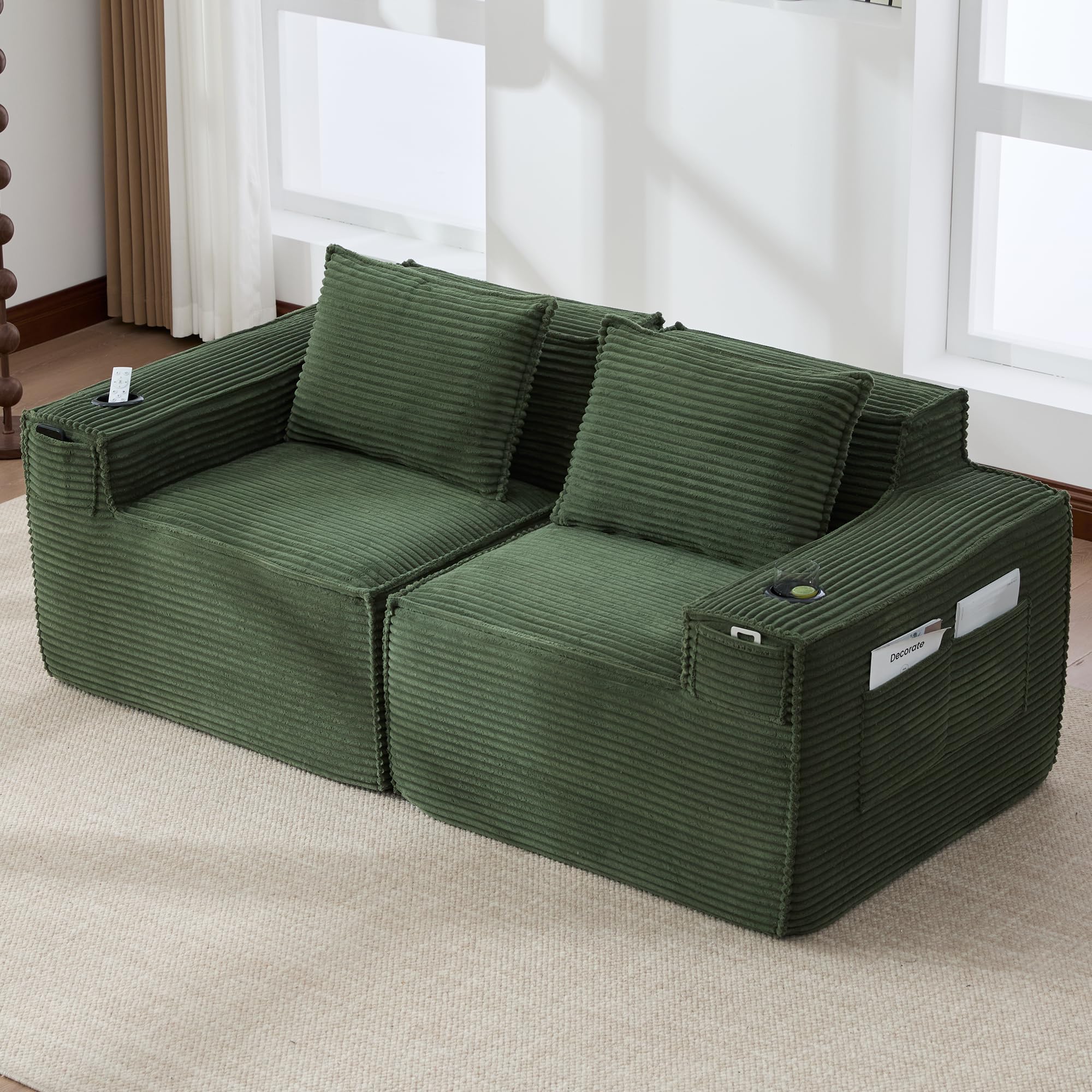 Divano Modulare 2 Posti in Velluto a Coste, Soggiorno, Verde, 188x90x75 cm