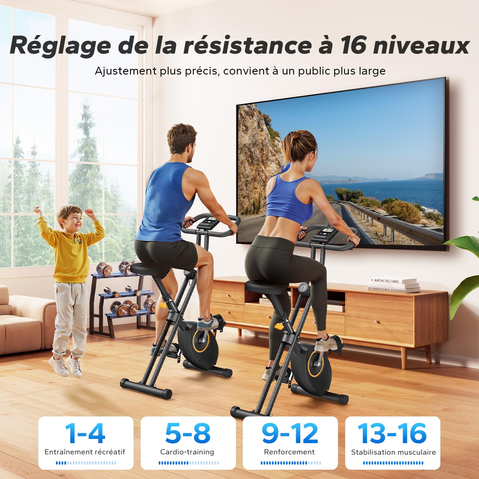 MERACH Vélo d’Appartement Pliable Magnétique avec Écran LCD, Capacité 136KG