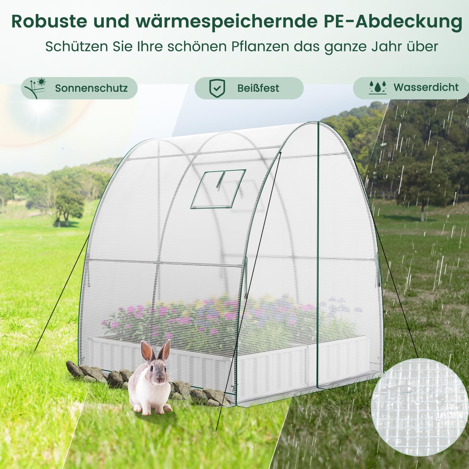 RELAX4LIFE Foliengewächshaus 181 x 181 x 200cm, Gewächshaus PE-Abdeckung Metallrahmen, Treibhaus mit 2 Fenstern Rolltür Seitentaschen, Pflanzenhaus für Gemüse Obst Blumen (Weiß)