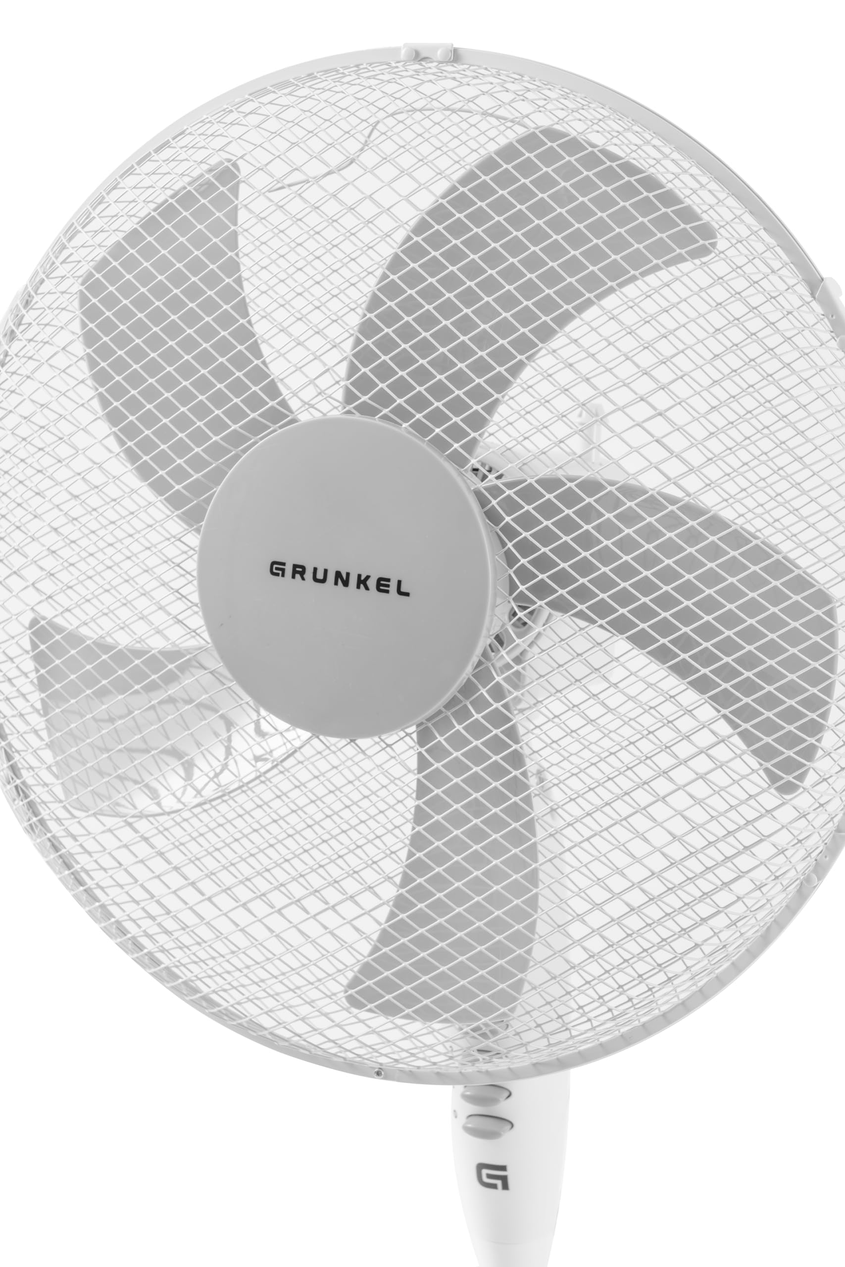 Grunkel Ventilador de Pie FAN-165 de 50W- 16" 40cm de diametro con 3 Velocidades y 5 aspas, Altura Regulable hasta 118cm. Cabezal inclinable, oscilación 90° y cable de 1,4m - 50W (Blanco)