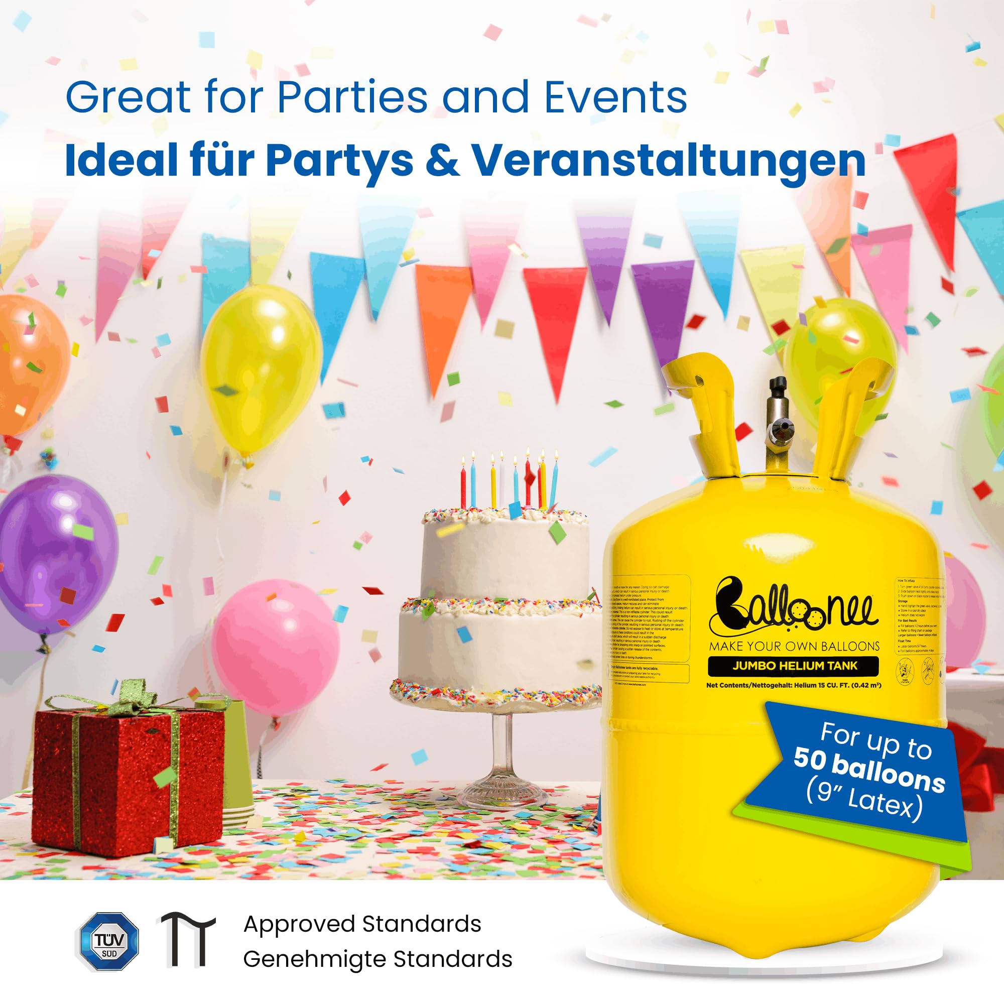 Balloonee Jumbo - Kit de helio desechable para fiestas (bombona de gas helio para aprox. 50 globos, 400 litros de gas helio para llenar globos de látex y aluminio), ideal para decoraciones de