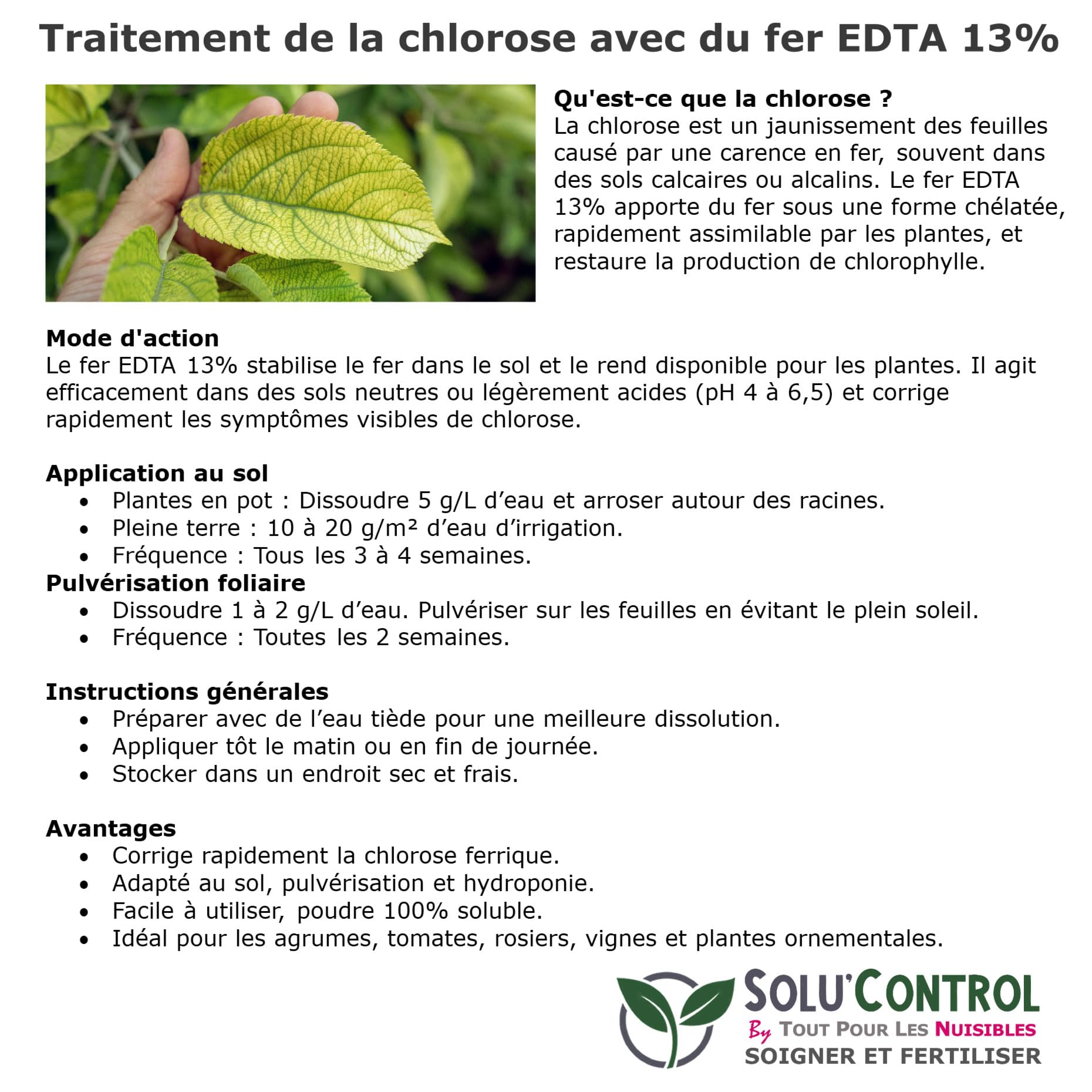 Solu'Control Chélate de Fer EDTA 13%, Anti-chlorose, Fertilisant, Reverdissant, 3 kg