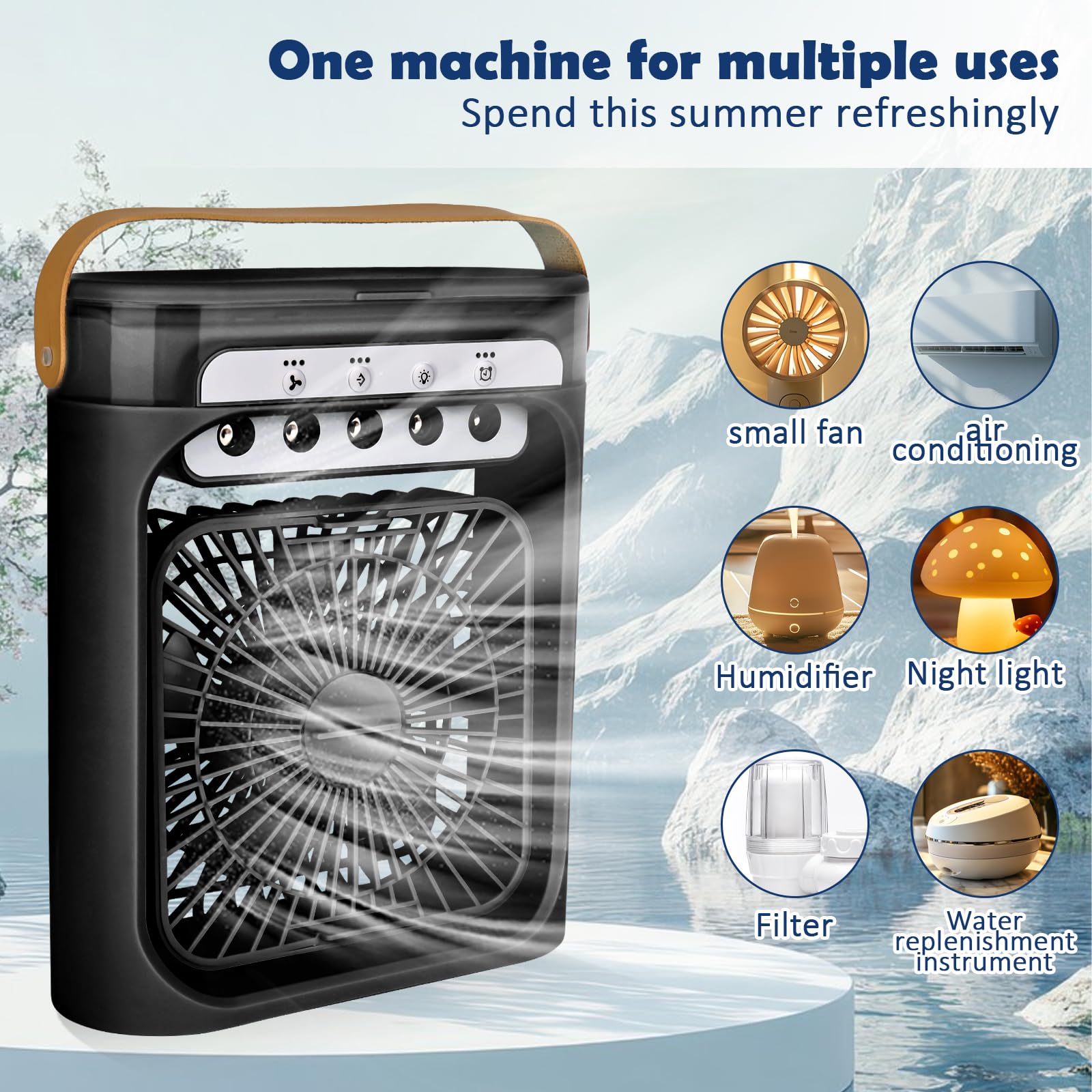 Mini Aire Acondicionado Portatil 4 en 1 Enfriador de Aire Pequeño con 600 ml Tanque, 3 Velocidades, 3 Nebulización, 2-6H Cronometrado, 6 LED Ventilador Refrigerador para Dormitorio Oficina