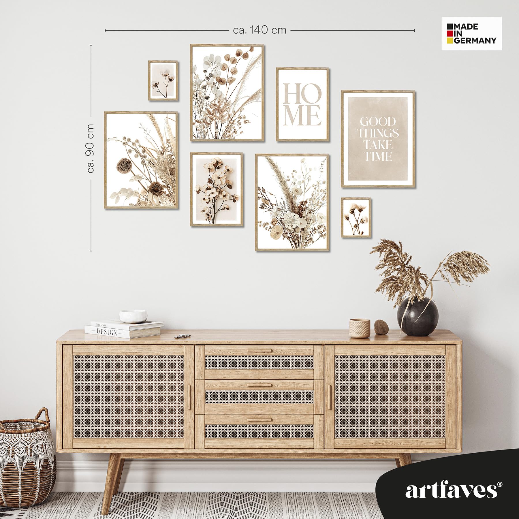 ARTFAVES® Set di poster con fiori secchi, decorazione da parete in più pezzi per soggiorno e camera da letto, 8 quadri moderni da parete beige, fiori secchi, fiori, boho, beige-marrone, senza cornice