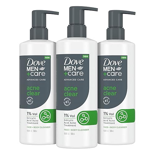 DOVE MEN + CARE Advanced Care - Limpiador para el acné, 3 unidades para piel propensa al acné, limpiador facial + cuerpo con 1% de ácido salicílico,