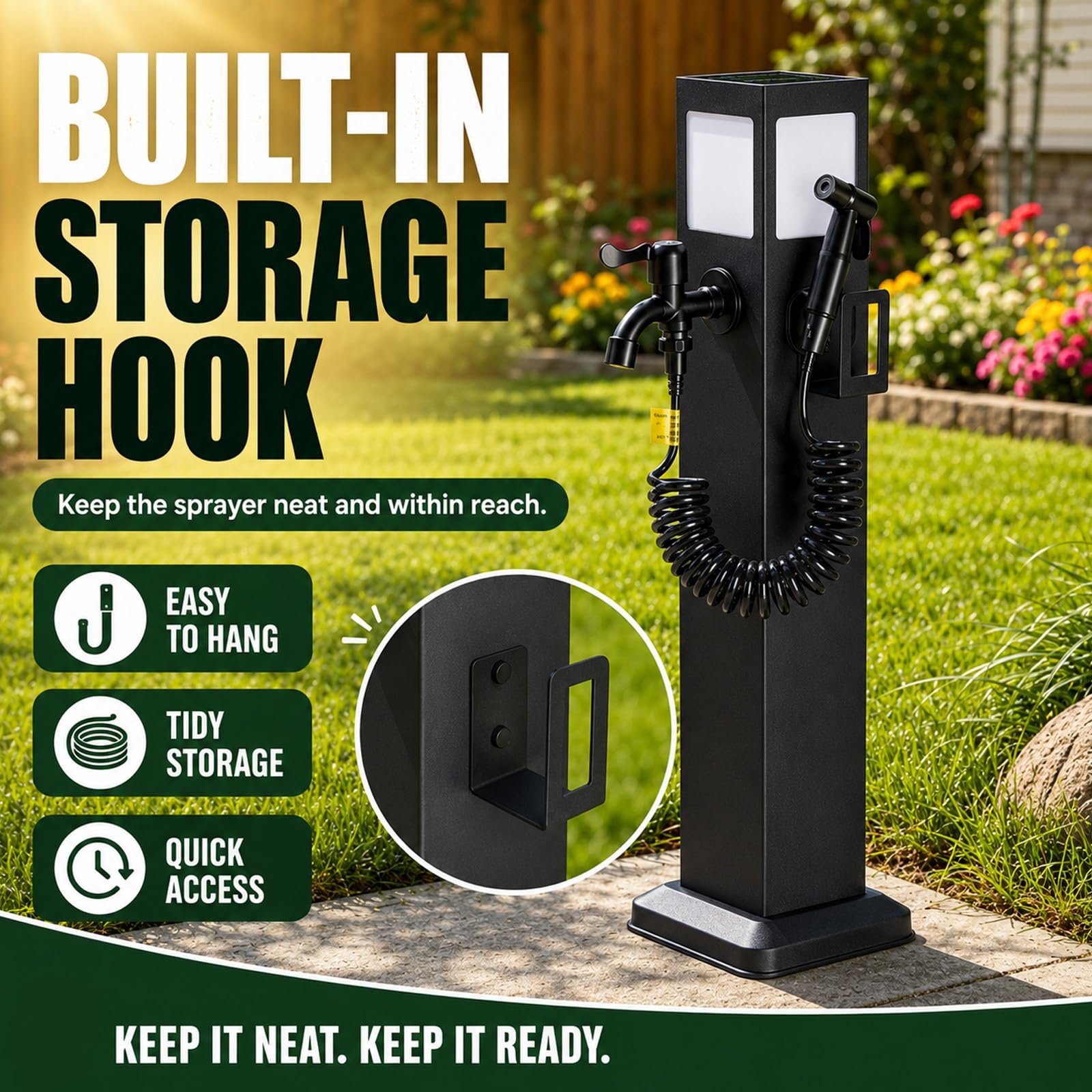 Columna de agua para exteriores con grifo, columna de acero inoxidable estación de toma de agua resistente a las heladas con luz solar para jardín, césped o patio