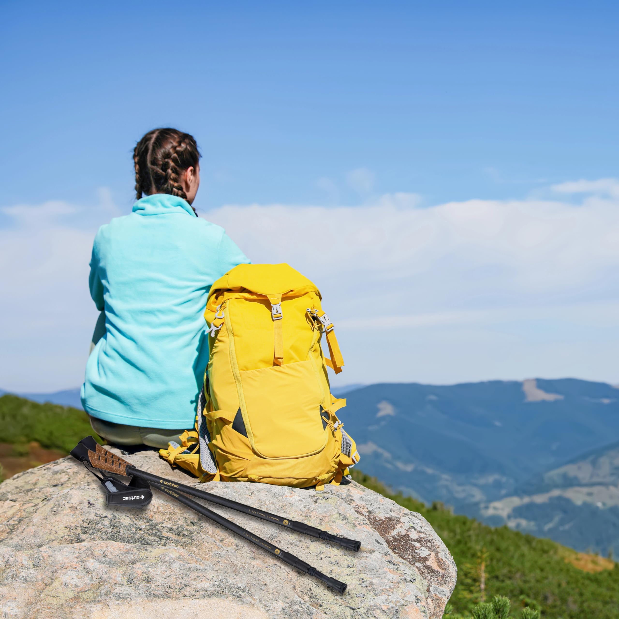 Bâtons de randonnée en Carbone Ultra légers, Réglables Bâtons de Marche Nordique 70-135 cm avec Bouchon en Caoutchouc, Bâton de Trekking Monobloc avec Tampon en Caoutchouc pour Homme et Femme