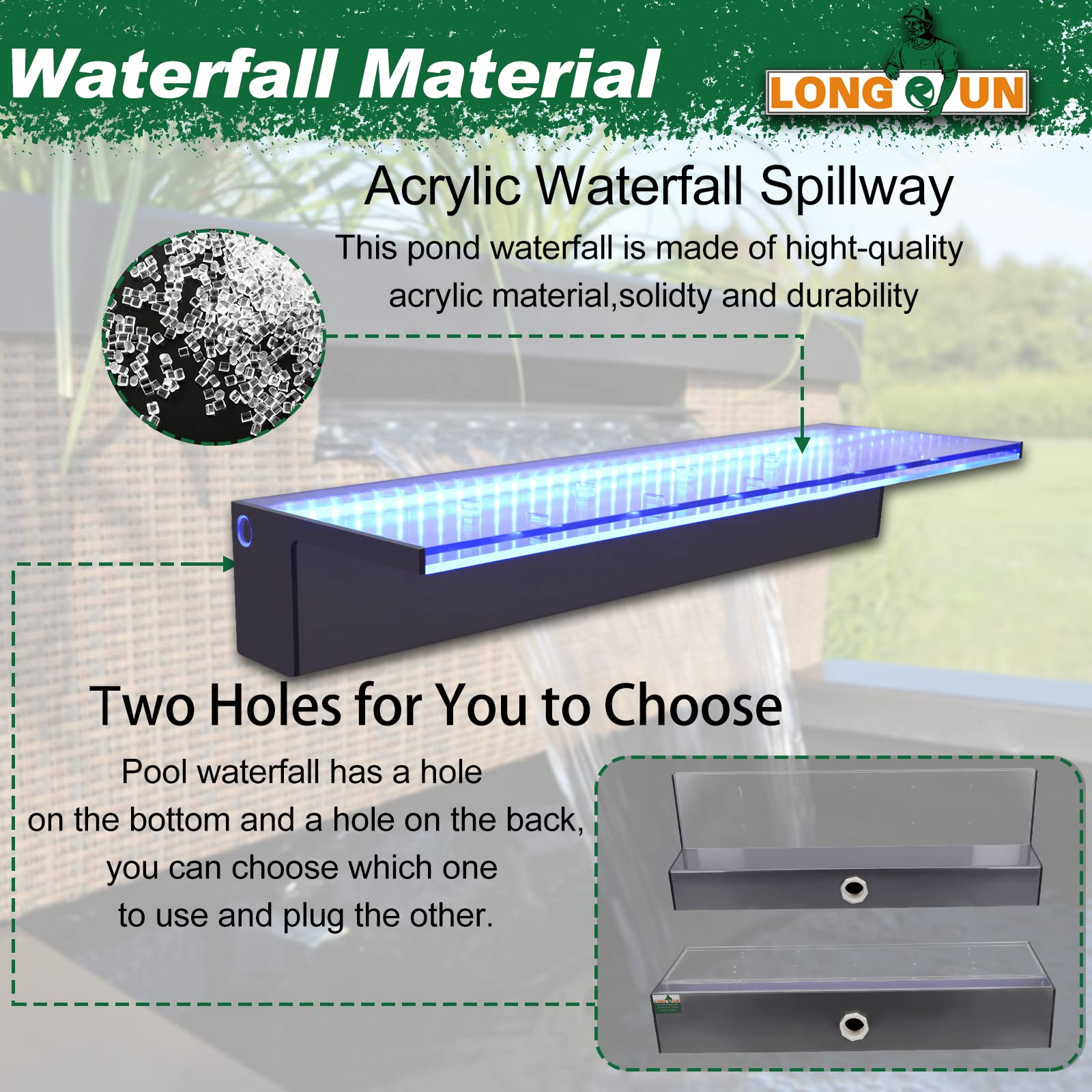 LONGRUN Wasserfall Überlauf APP Kontrolle Mehrfarbig LED-Licht Draussen Pool Brunnen, Acryl Wasser Überlauf Koi Teich Wasserfälle Brunnen Kit für Garten Terrasse Schwimmbad Dekoration -60 cm