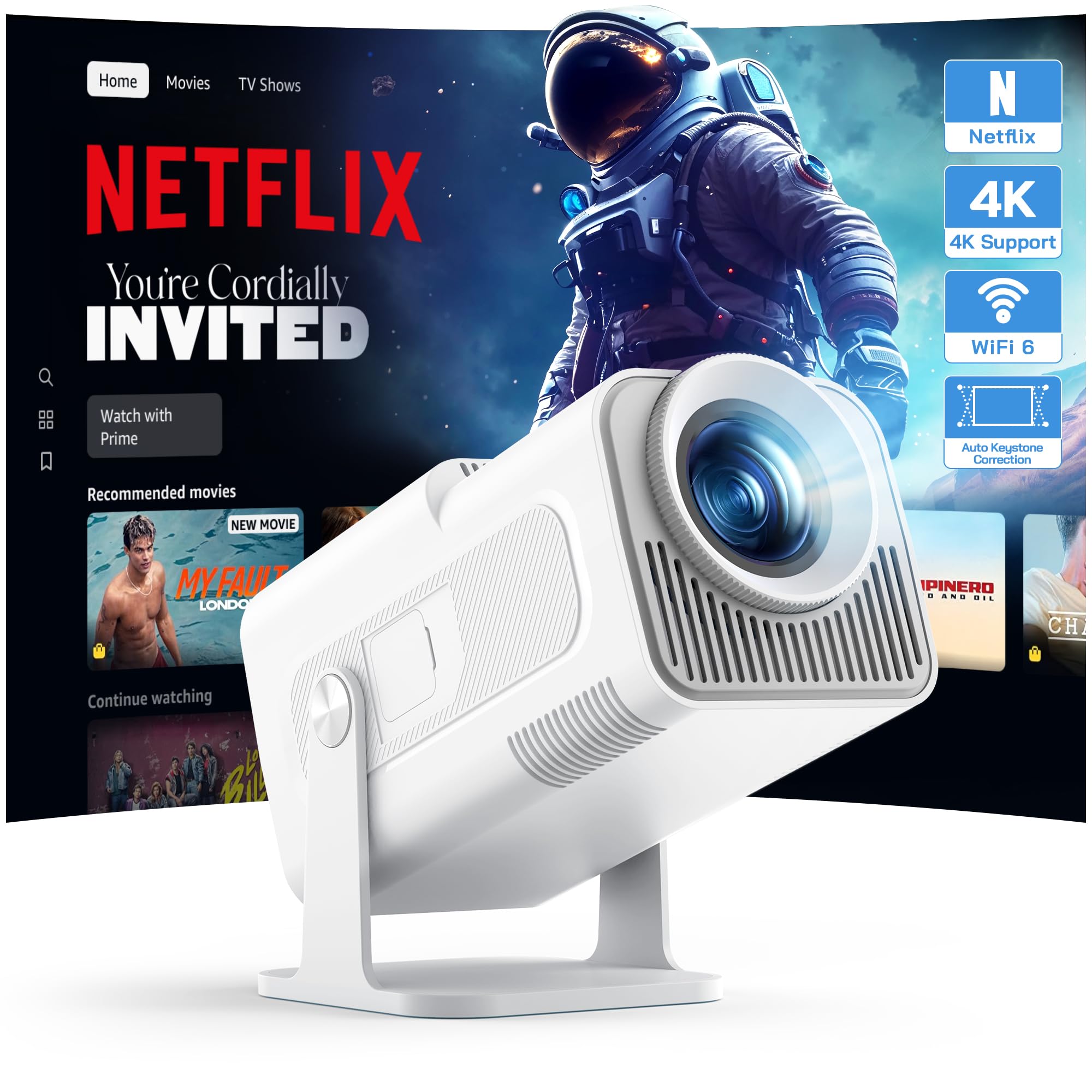 WOLFANG 4K Mini Projector【Built-in Apps/Official Netflix】, 26000 Lumen WiFi 6 Portable Projector with 50% Zoom, 180° Rotatable Smart Home Projector Compatible with TV Stick/iOS/Android/PC/PS5/HDMI/AV