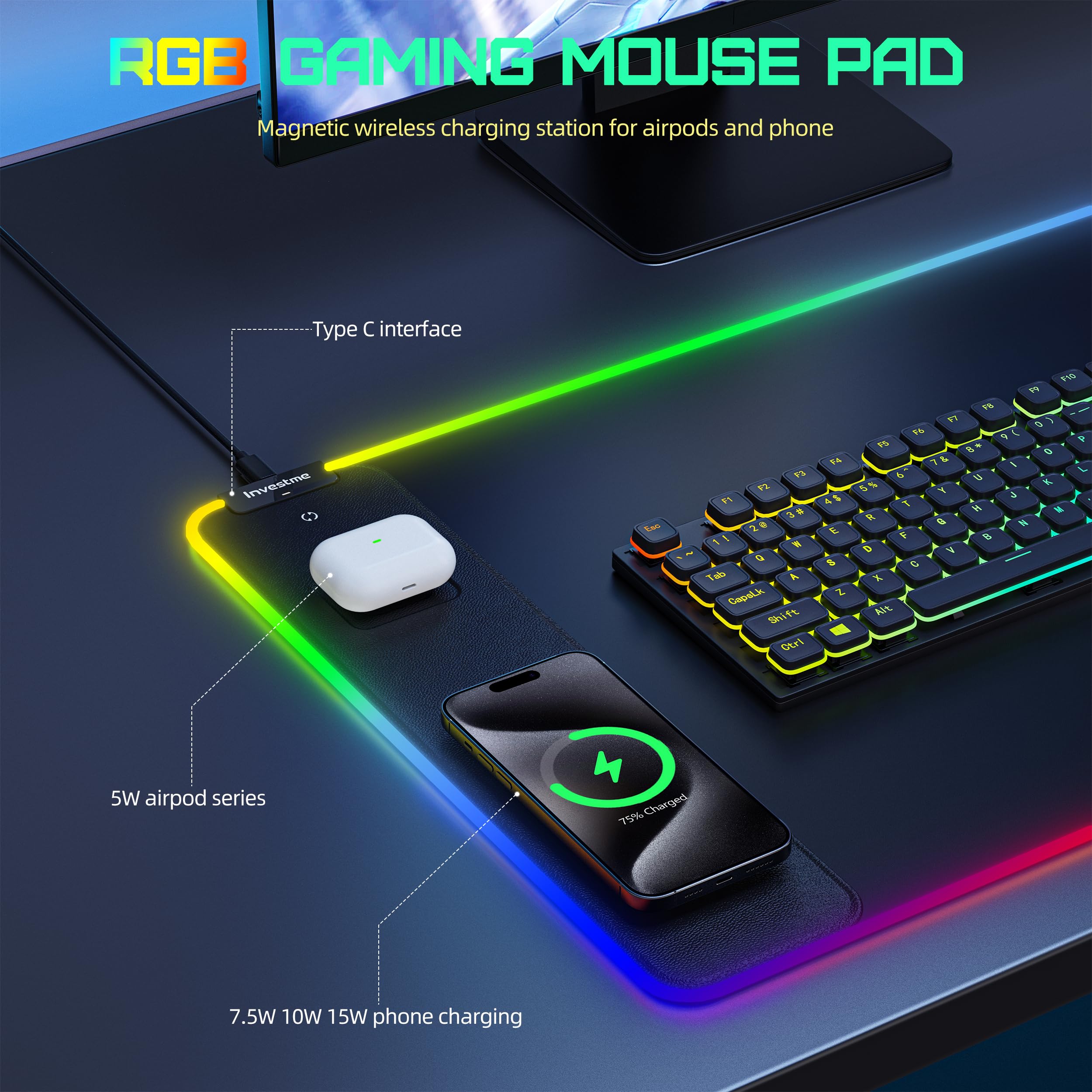 Alfombrilla de mouse RGB de carga inalámbrica para juegos, alfombrilla de mouse con carga rápida de 15 W, alfombrilla de mouse LED grande para juegos con 15 modos de luz, superficie ultrasuave