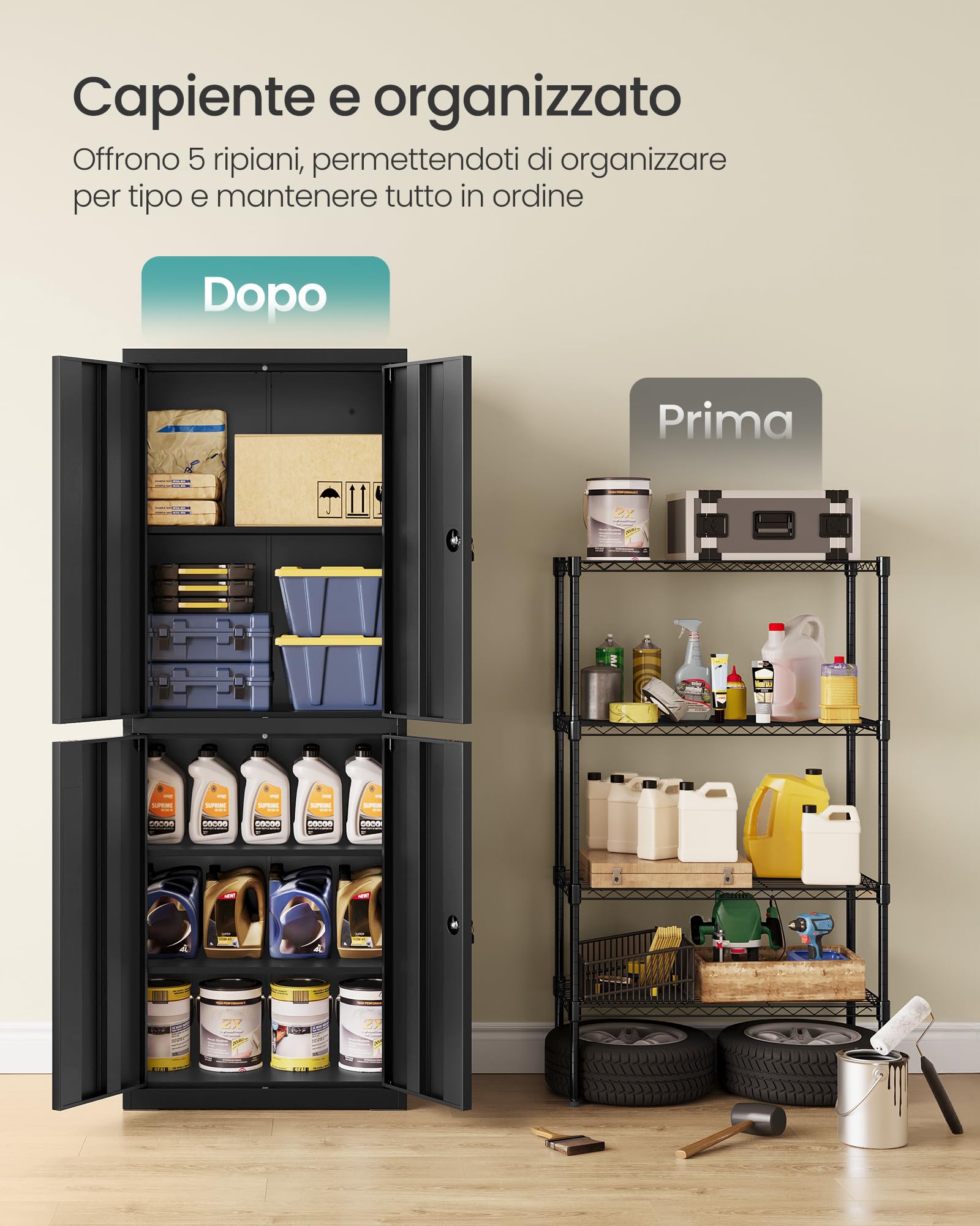 SONGMICS Armadietto Garage a 5 Ripiani con 4 Ante, Armadio Ufficio, 40 x 60 x 180 cm, 2 Serrature, Ripiani Regolabili, Armadio Metallo, Nero Opaco OMC017BD01