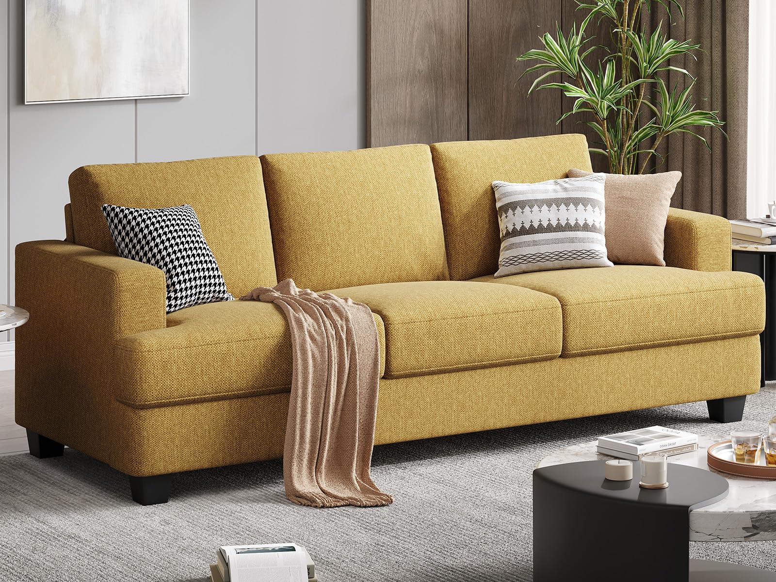 Fadware Sofa Couch, 3 Seater Sofa with Suppleness Armrests, Fabric Deep Seat Sofa with Upholstered Cushion& Backrests, Modern Comfy Couch for Living