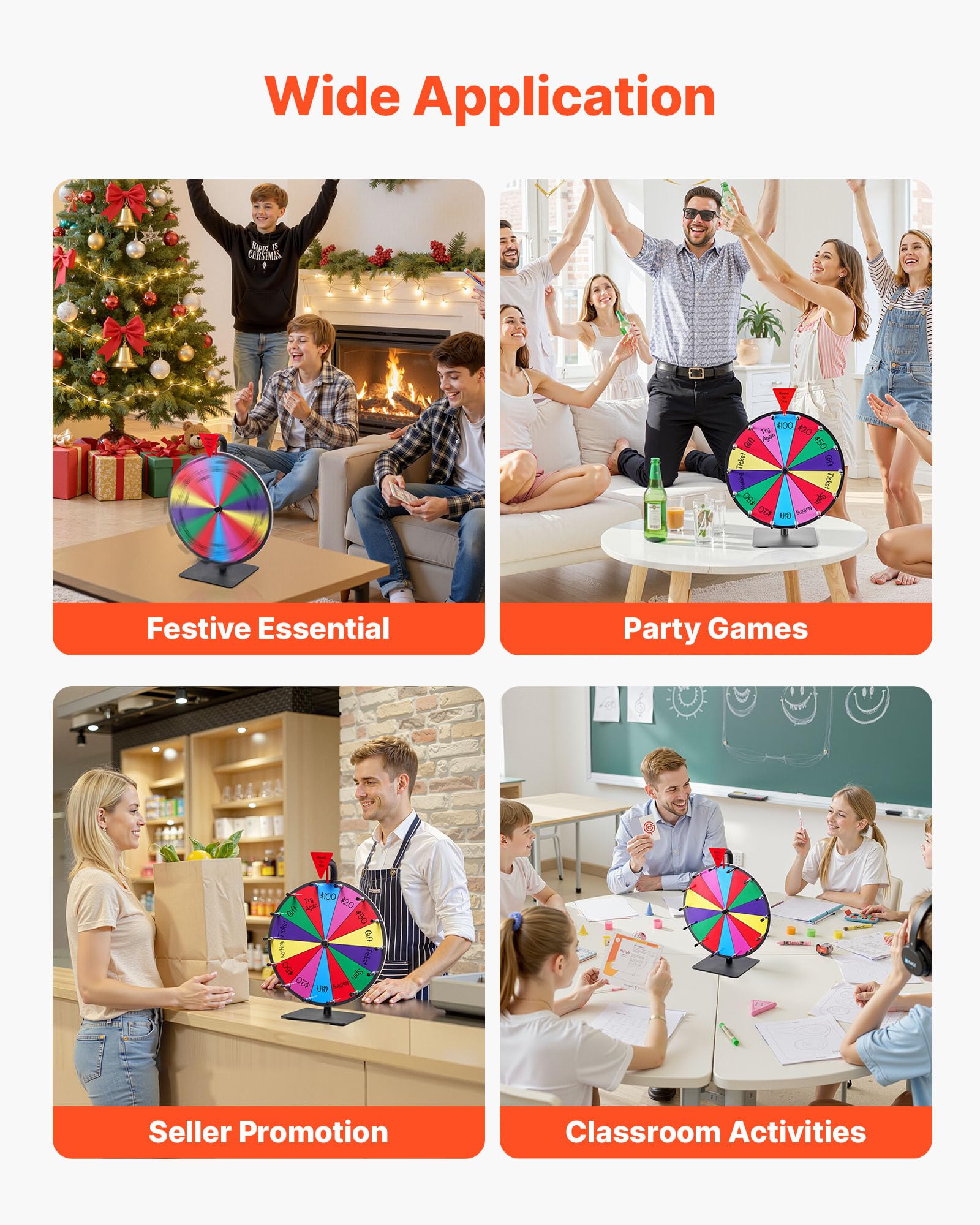 VEVOR Glücksrad Drehrad (305 mm) 14 Slots Glücksrad mit Ständer, Lotteriespiele Gewinn-Roulette mit Tafelschwamm & 2 Markern, 6 Farben, Spinning Prize Wheel ideal für Party Kneipe Messe