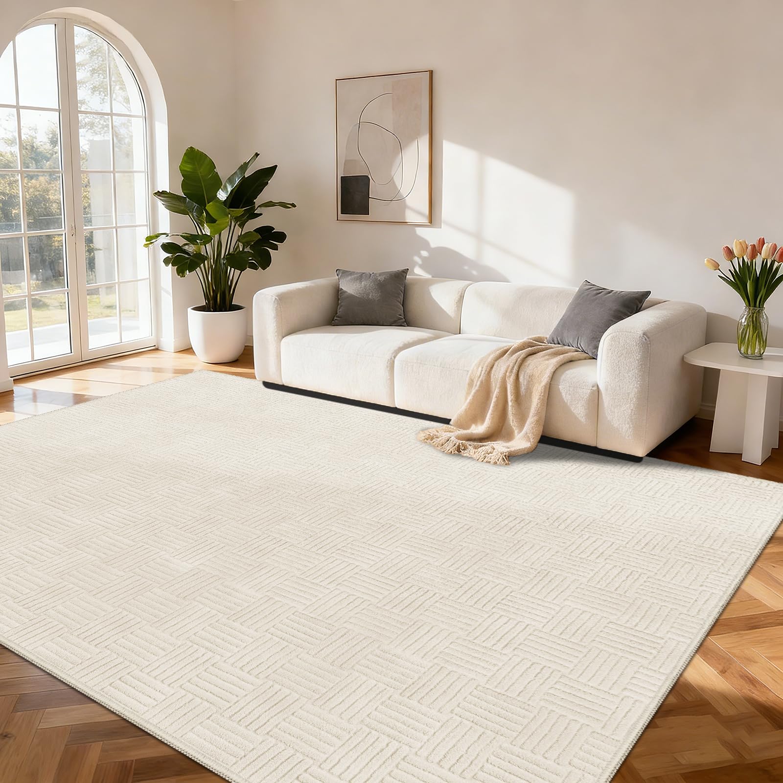 Alfombra Salón, Alfombra Suave, Fácil de Cuidar y Lavable a Máquina para Dormitorio, Alfombra Antideslizante de Pelo Corto, Alfombra Beige para Salón (Beige, 200 x 300 cm)