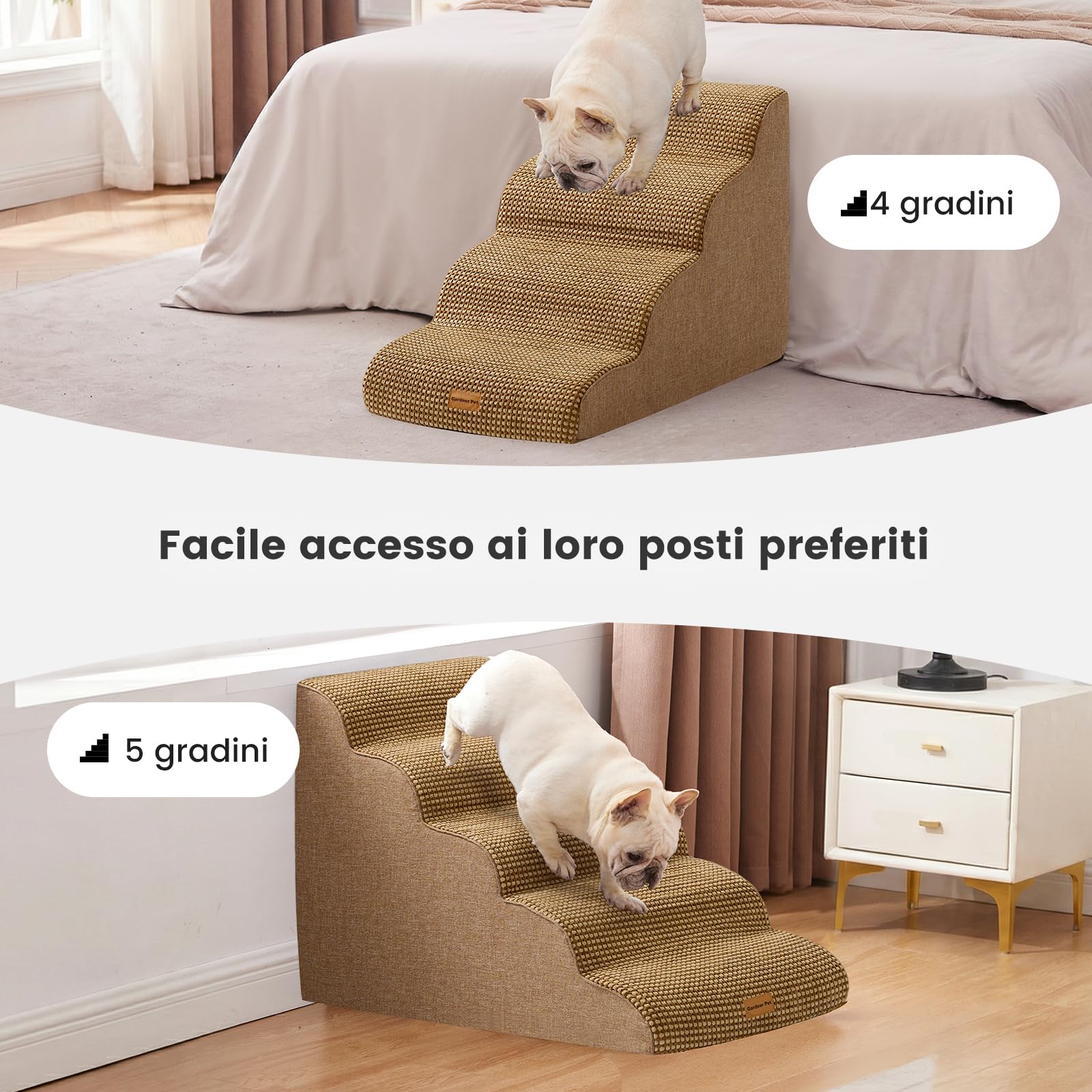 Gardner Pet Scala per Cani Piccoli 5 Gradini, Scaletta per Cani Lavabile Alta 55 cm, Rampina in Schiuma con Rivestimento Antiscivolo e Impermeabile per Letto, Divano e Auto, Marrone