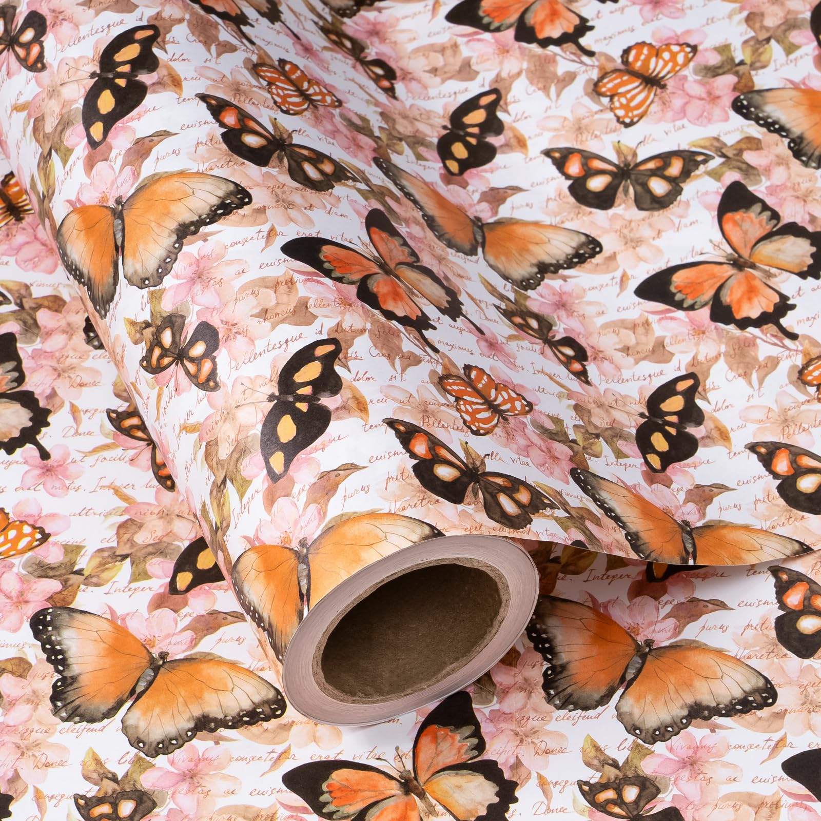 RUSPEPA Kraft Butterfly Wrapping Paper Roll - Mini Roll - 43.2cm x 3m - Elegant Watercolor Butterfly Floral Wrapping Paper for Birthday, Wedding, Mother’s Day, Spring and Tea Party