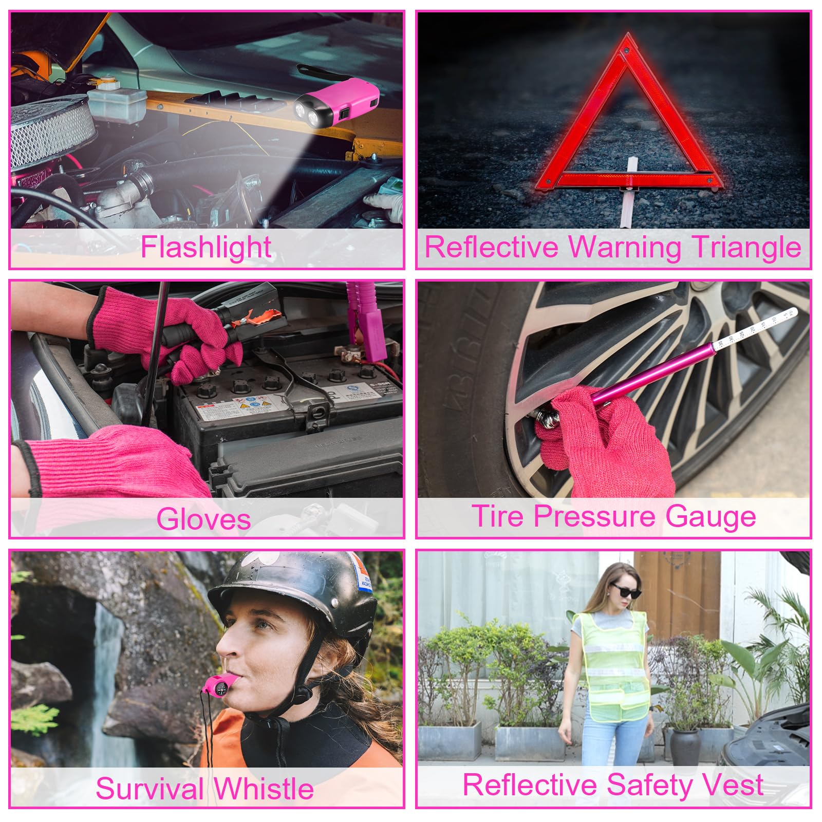 Kit di emergenza per auto da donna, kit di assistenza stradale di emergenza rosa con kit di sicurezza auto rosa, accessori per auto premurosi pronti per nuovi conducenti e avventurieri