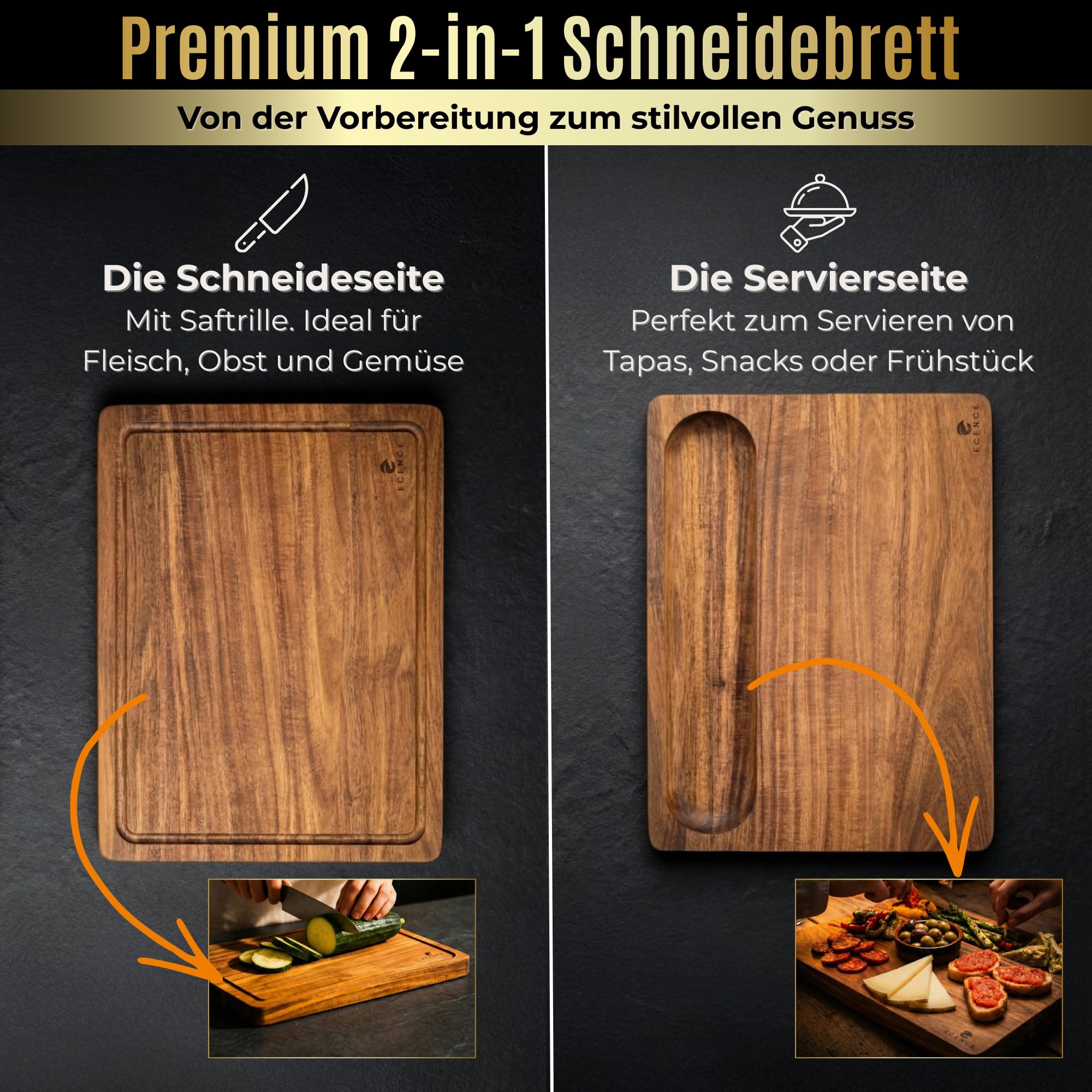 ECENCE Schneidebrett Holz groß 40x30x3cm - Küchenbrett aus Akazienholz