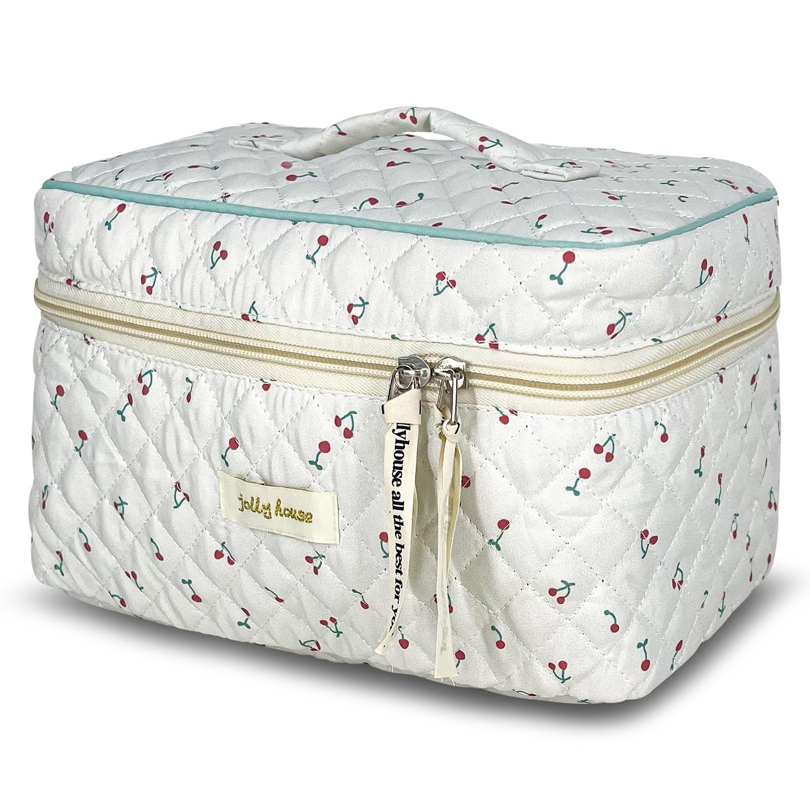 TOPALL Floral Cotton Quilted Makeup Bag - Classic Toiletry Pouch for Women Girls - Cherry 1PCS (Large), Cherry 1pcs(large)