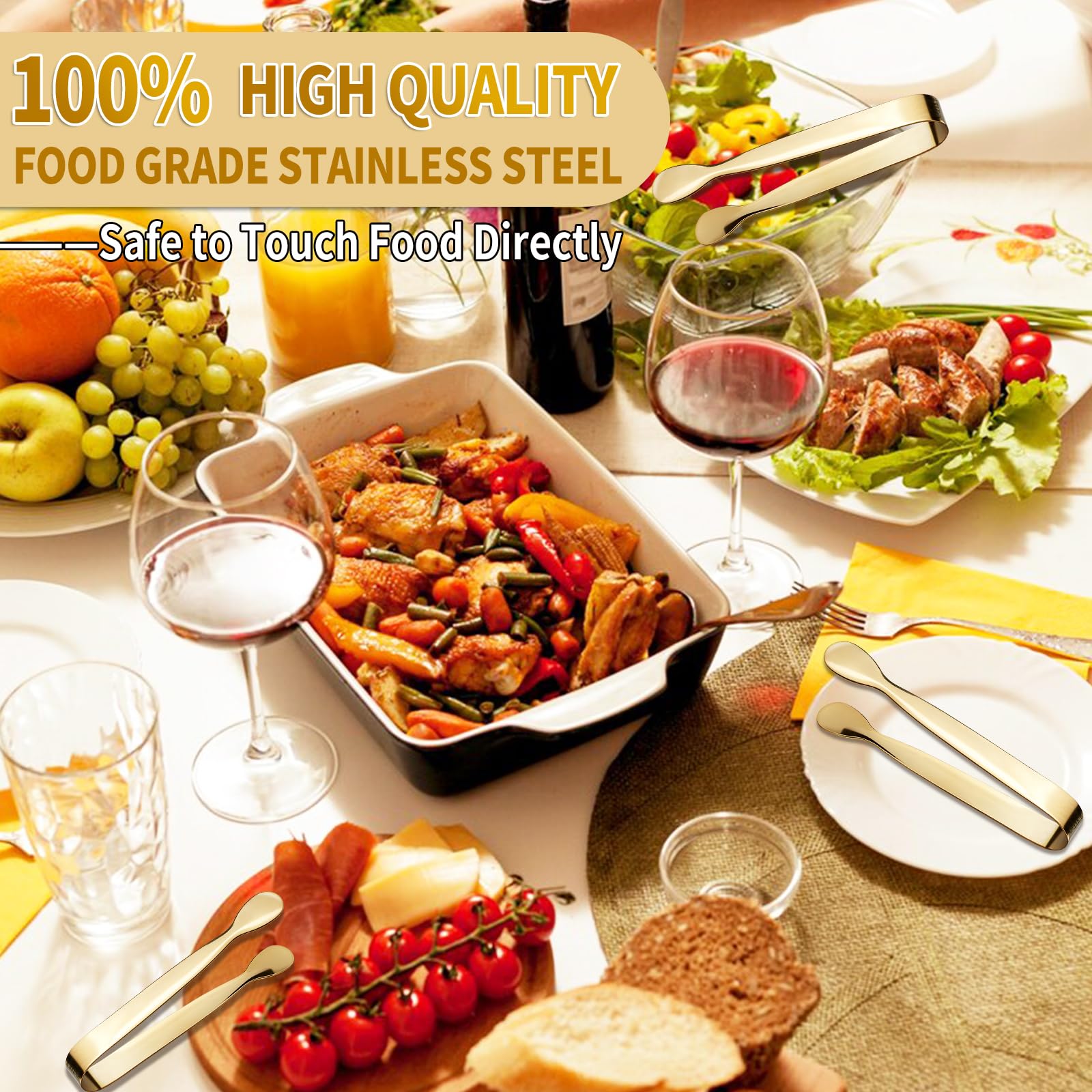 10 mini pinzas para servir, pinzas pequeñas de acero inoxidable de 4.2 pulgadas para aperitivos, azúcar, embutidos, postres, fiesta de té, barra de café. Mini pinzas para aperitivos (oro,
