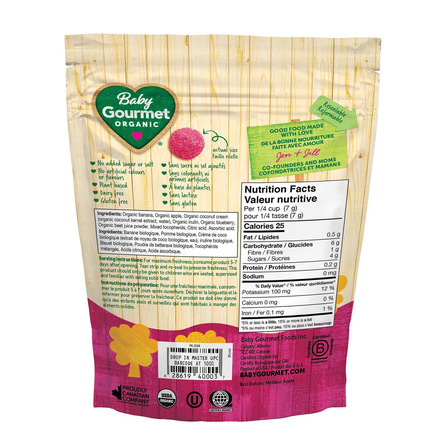Baby Gourmet Organic Meltable Mushies in Beetberry flavour, showcasing their convenient, child-friendly packaging.