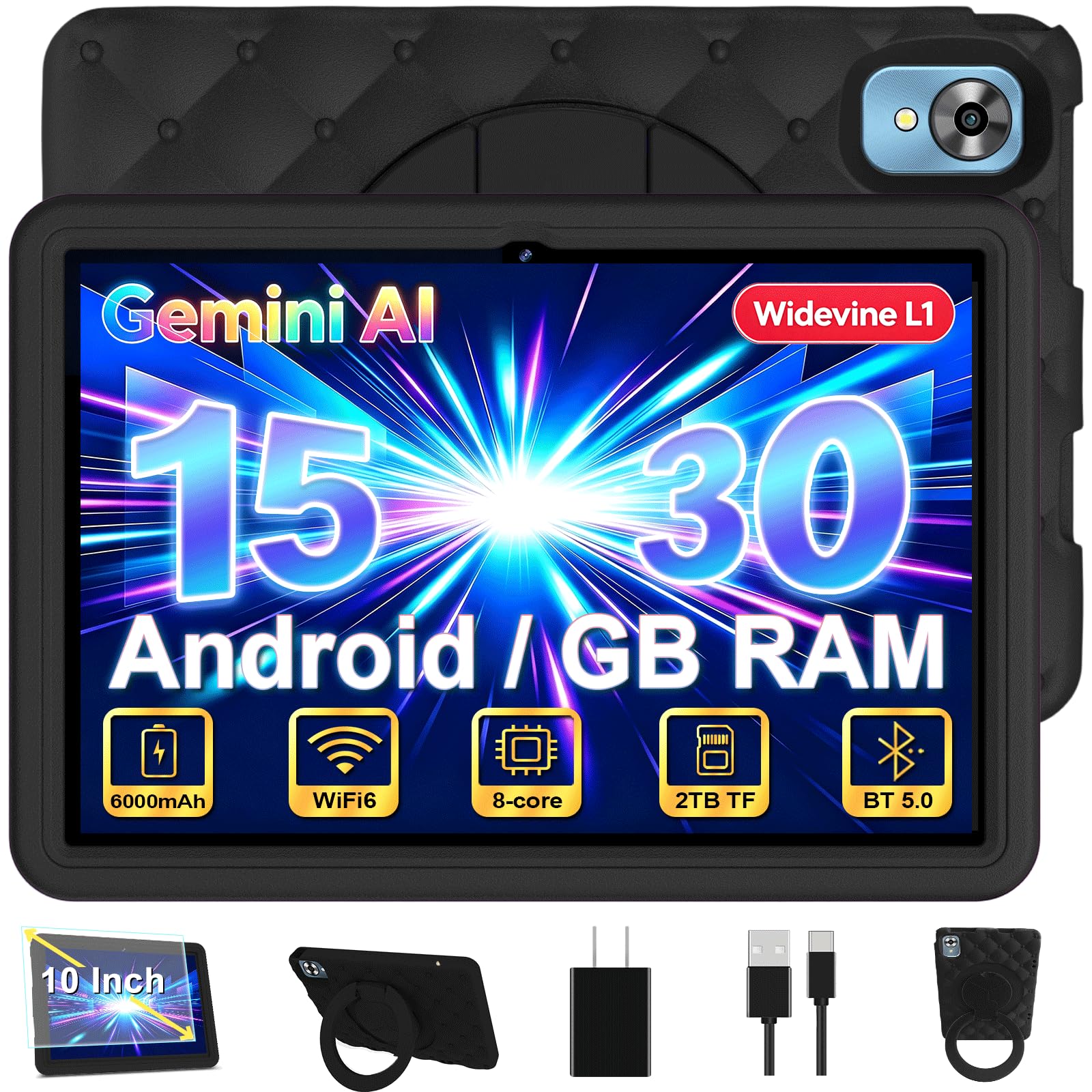 DMOAO Tablet Bambini 10 Pollici Android 15 con 30GB RAM, 5G Wi-Fi 6, 64GB ROM(2TB), Control Parental, Octa-Core, 8MP+5MP, 6000mAh, Custodia Protettiva EVA + Supporto Girevole a 360°, Nero