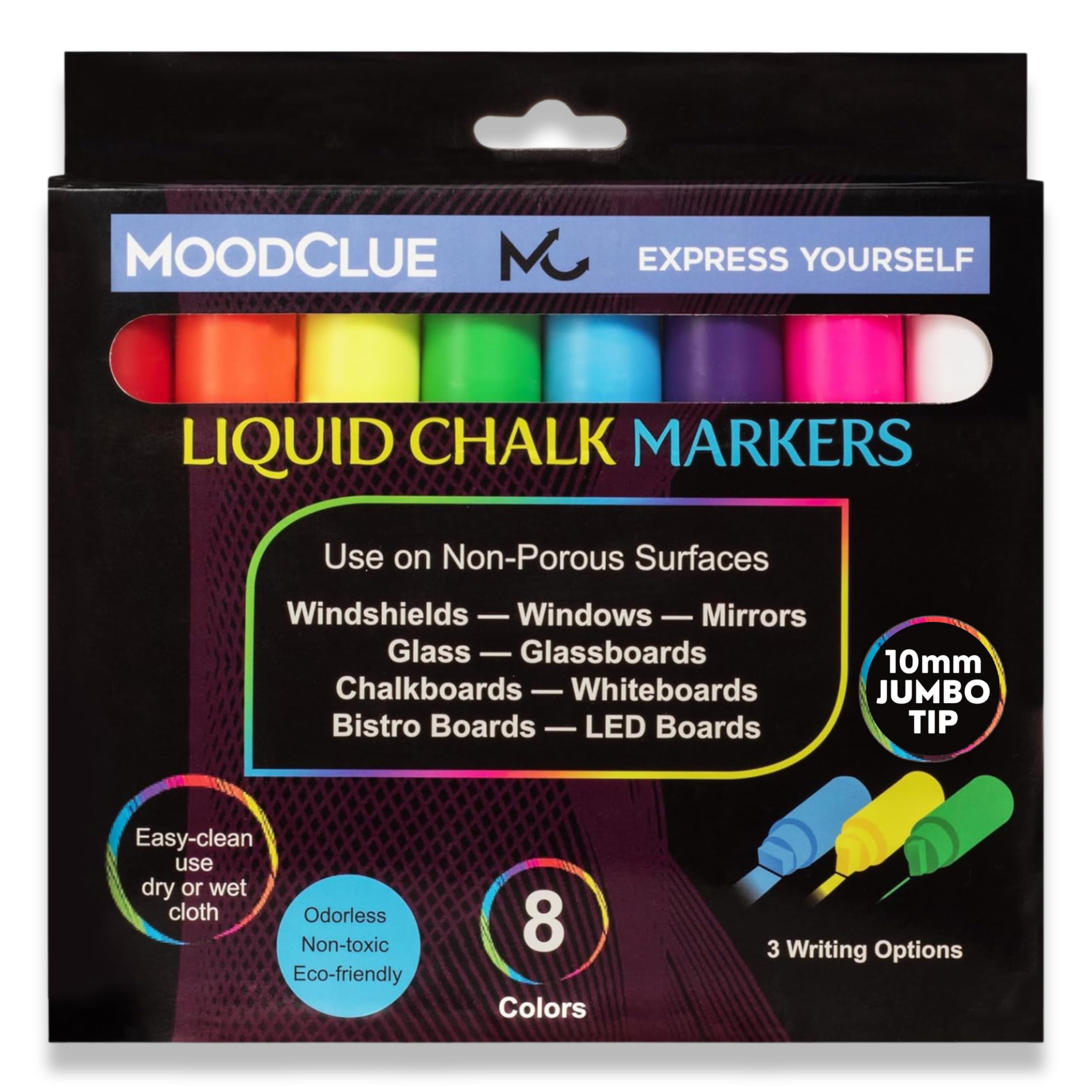 10mm JUMBO Tip Liquid Chalk Drawing Markers for Car Windows, Auto Windshields, Mirrors, White Boards, Retail + Restaurant Signs. Erasable Chalk Markers – Washable – Neon 8pck - 3 writing options