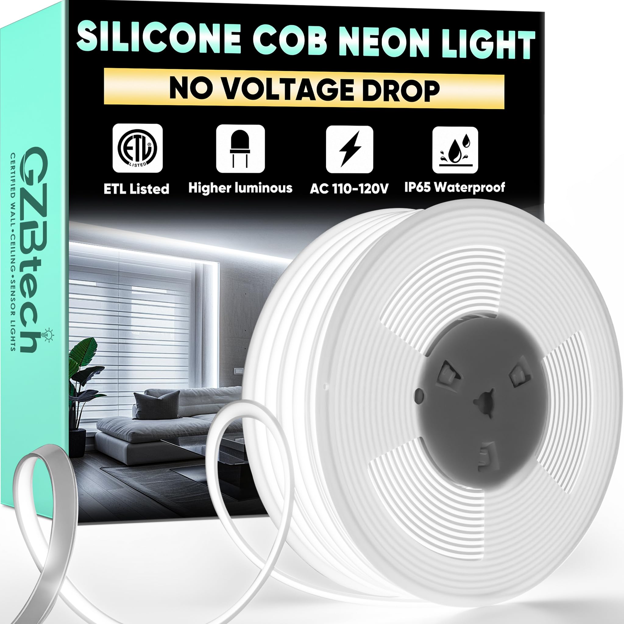 GZBtech Silicone COB Neon Rope Lights 100FT/30M, 6000K Super Bright Cold White Waterproof Neon Strip Light, 110-120V Flexible Cuttable Tape Rope