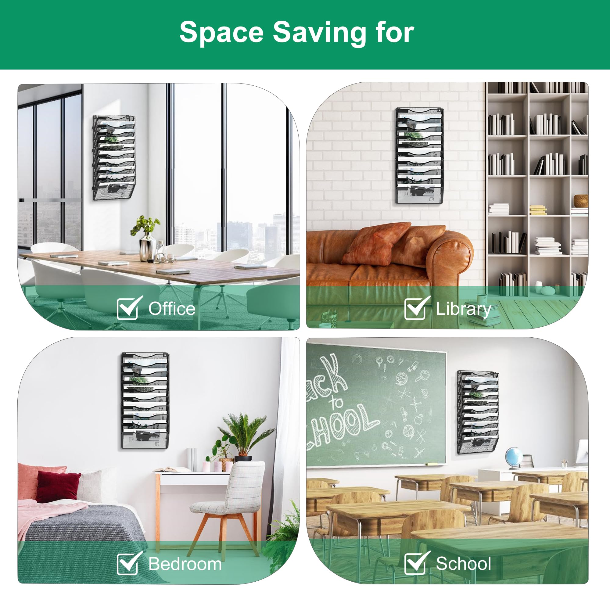Organizer Documenti da Parete 10 Livelli con Portariviste A4 - Metallo Schedario Ufficio Multifunzione, Portabrochure per Casa e Scuola - Nero