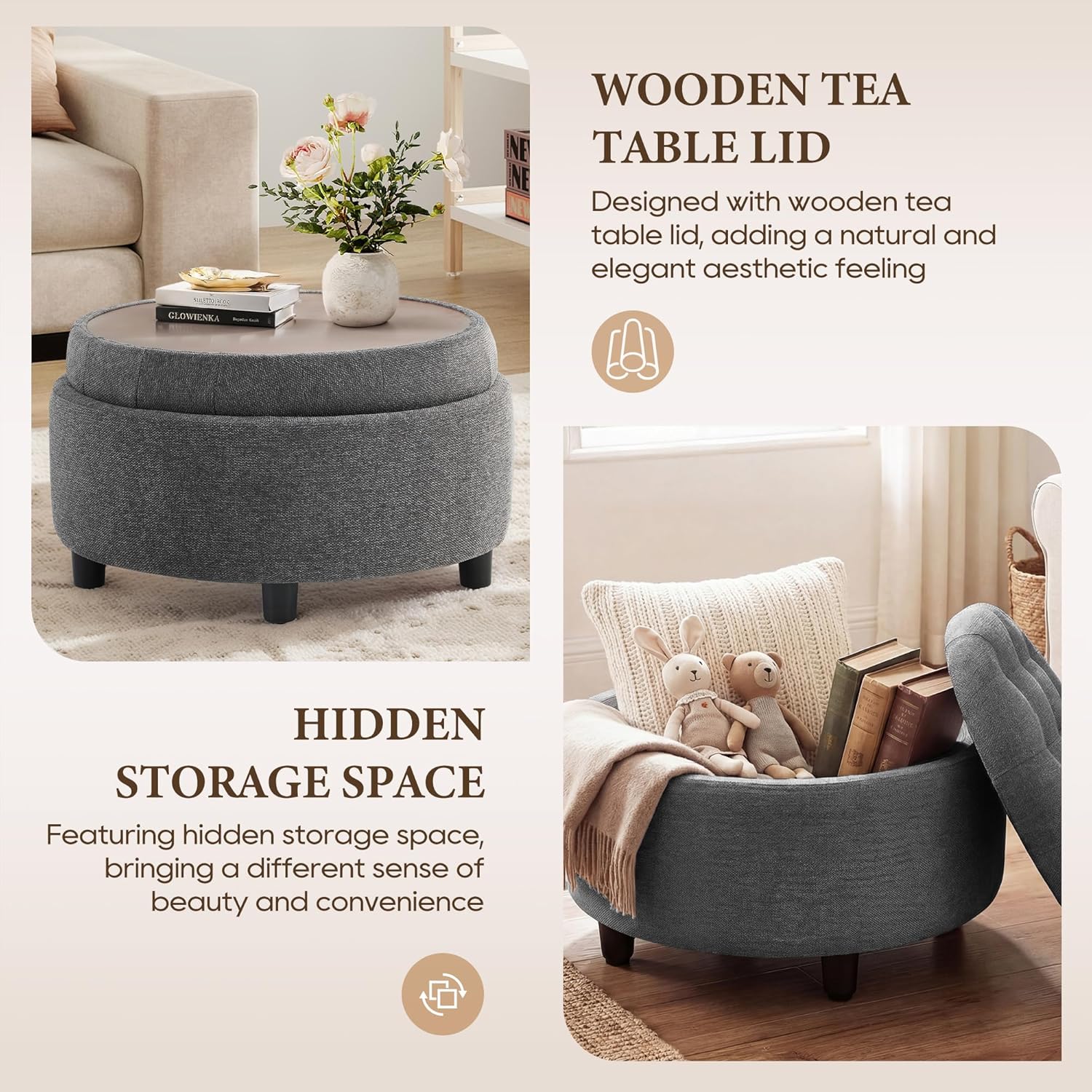 COLAMY Fabric Round Storage Ottoman with Reversible Tray Lid – Multi-Functional Footrest, Hidden Storage, Sturdy & Stylish Small Coffee Table for Living Room, Bedroom, or Entryway(Dark Grey)