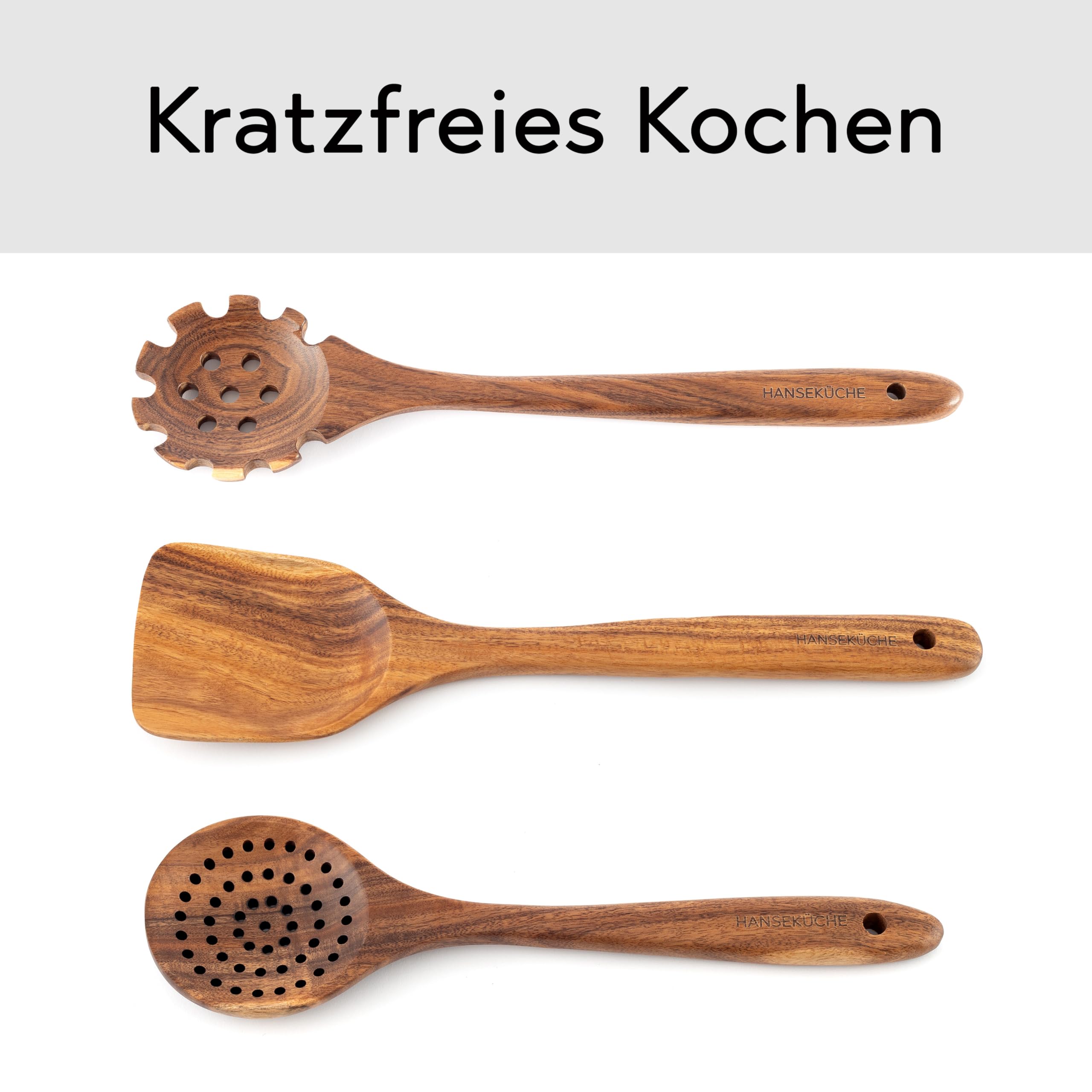Hanseküche Küchenhelfer Set aus Holz - Grillzange, Schneebesen, Pfannenwender, Holzlöffel und Nudelschöpfer 9 teilig Löffel Teakholz (9er Set)