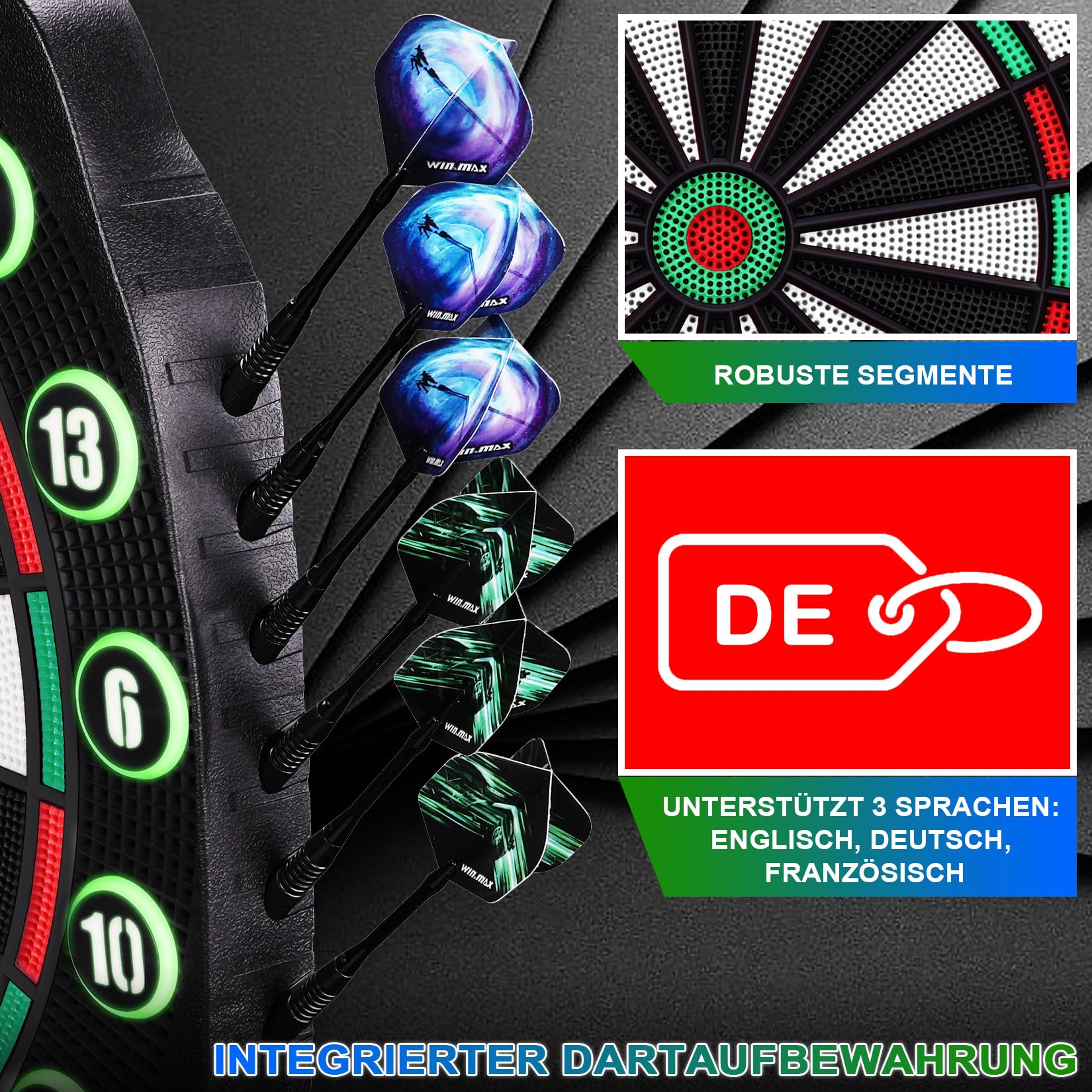 WIN.MAX Elektronische Dartscheibe Profi Set 34 Games mit 354 Varianten3 Sprachen: Deutsch, Englisch, Französisch für 1 bis 8 Spieler mit 12 Darts