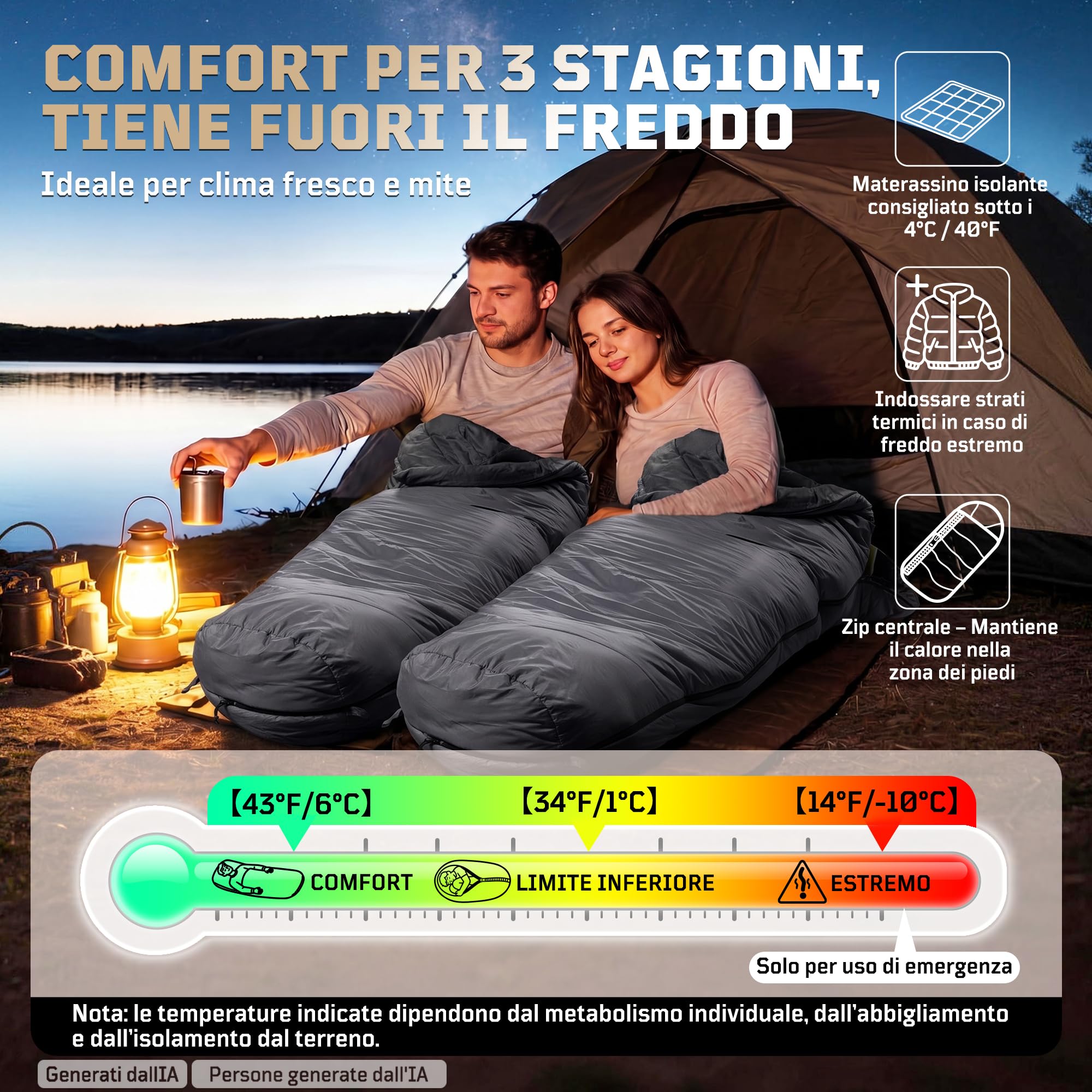 Sacco a pelo a mummia per 2-3 stagioni (comfort 6 °C), traspirante, per adulti fino a 185 cm, compatto nylon ripstop 40D con sacco a compressione per campeggio, escursioni e festival