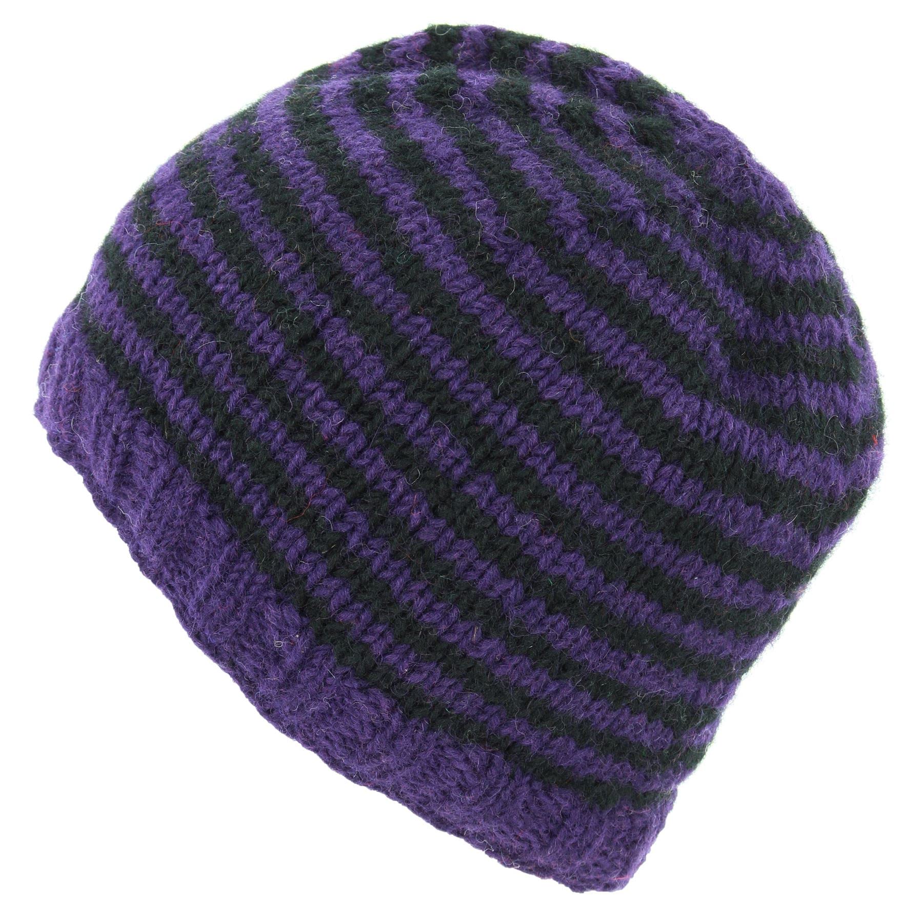 LOUDelephant Hand Knitted Wool Beanie Hat - Stripe Purple Black