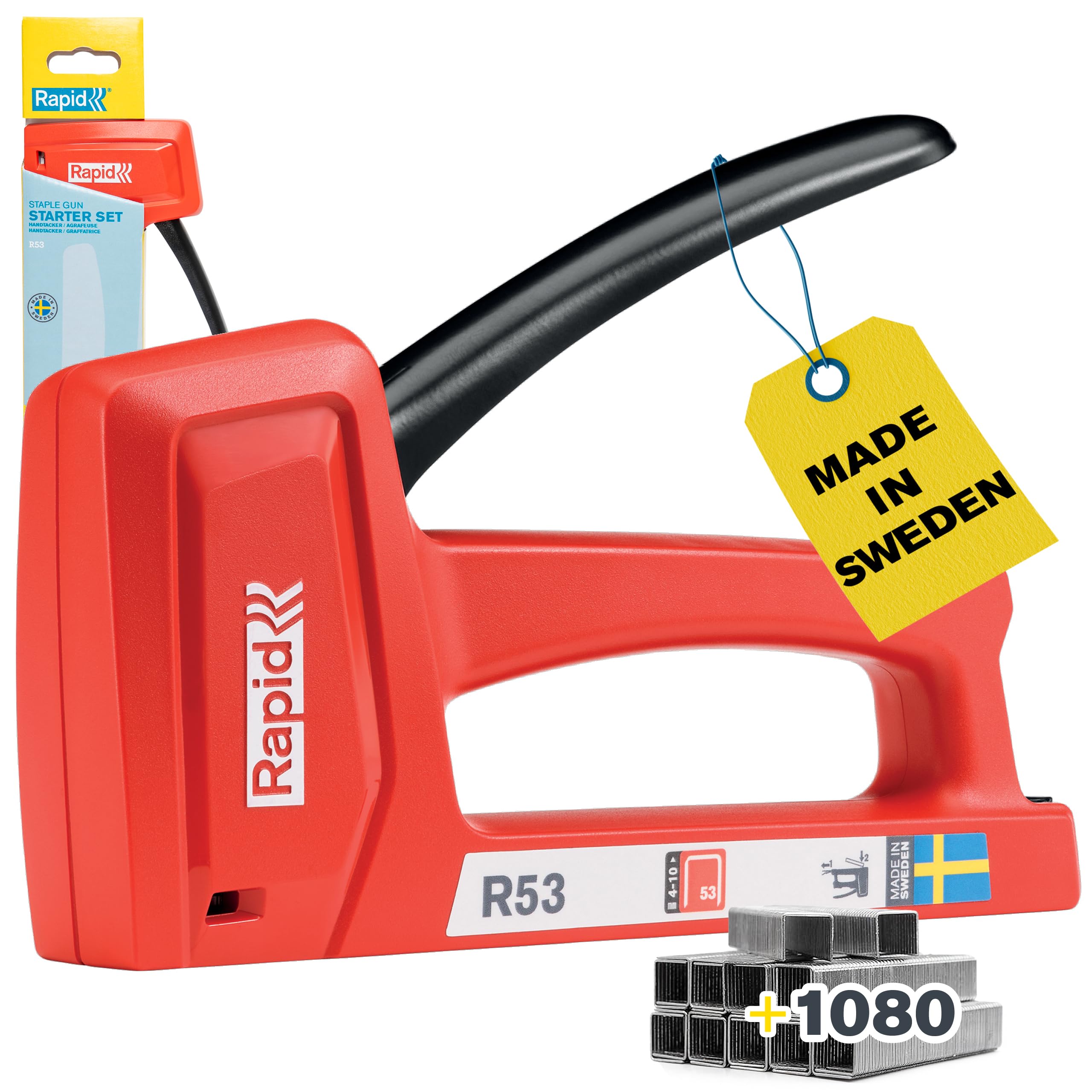Rapid R53 Light Duty Staple Gun for Wood & Upholstery – Staples Included 1080 pcs – Wall Stapler - Upholstery Staple Gun with Ergonomic Handle & All-Steel Interior – Made in Sweden (5001747)