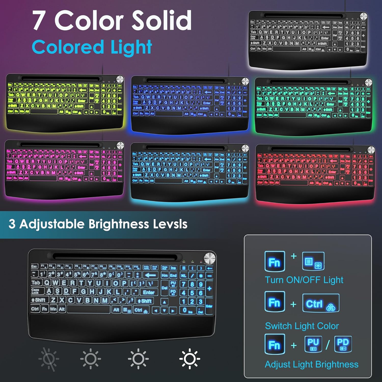 Wired Large Print Keyboard with 7 Colored Backlits,with Phone Holder &Wrist Rest, Lighted up Full Size Keyboard for Mac Windows Laptop PC, Black