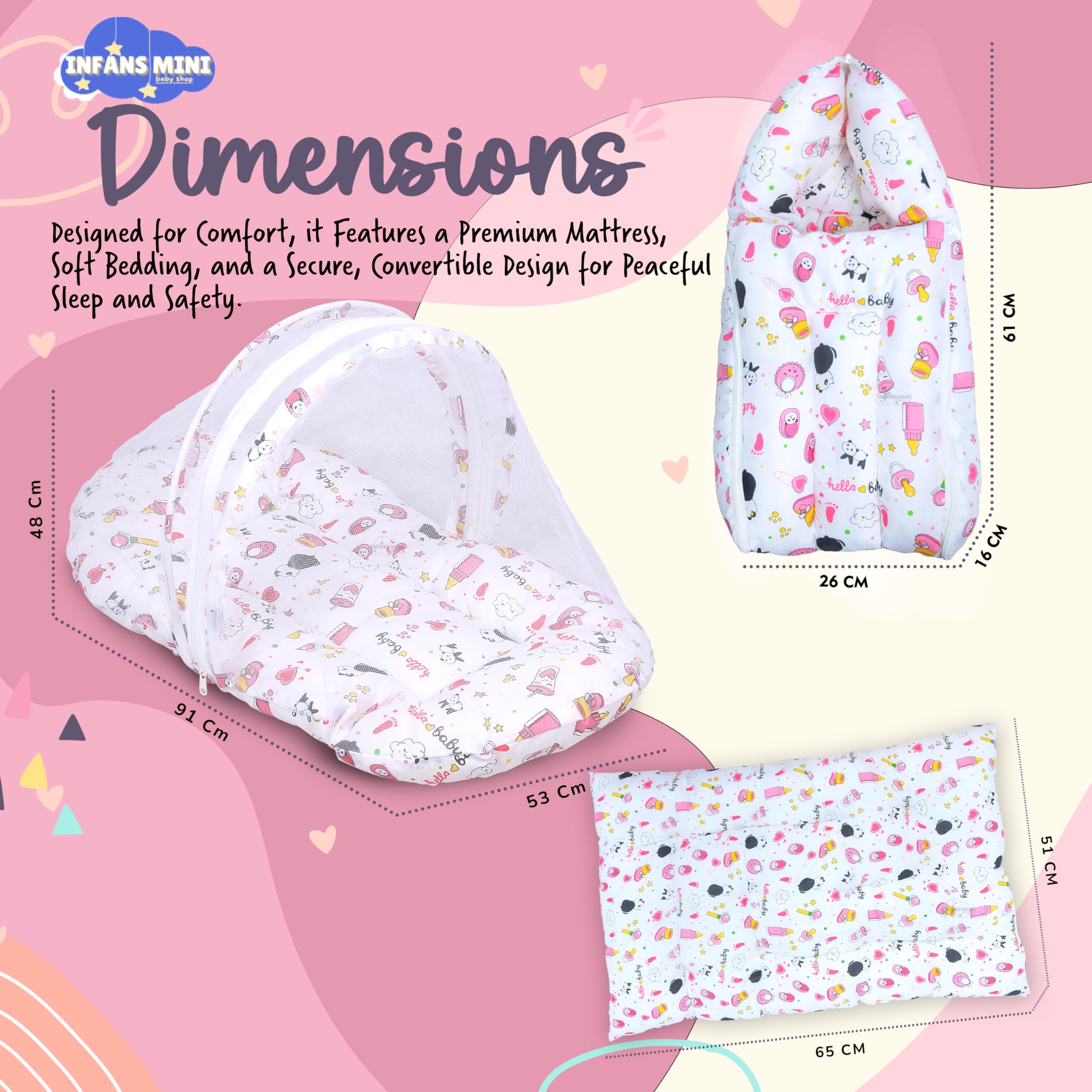 Infans Mini Baby Bedding Set for New Born Baby Sleeping Bag, Mosquito Net Bed, Sleeping Mattress Suitable for 6 Months Babies (Panda Pink) 1