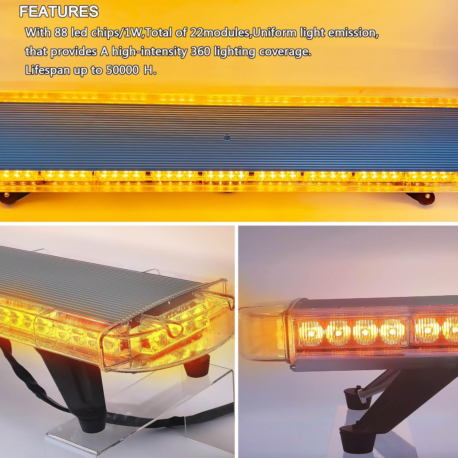 12V 24V 88LED Luce stroboscopica 17 modalità Flash Barra impermeabile Luce di avvertimento Segnale di pericolo per navi da rimorchio per camion (ambra, 47 pollici 88 W)…