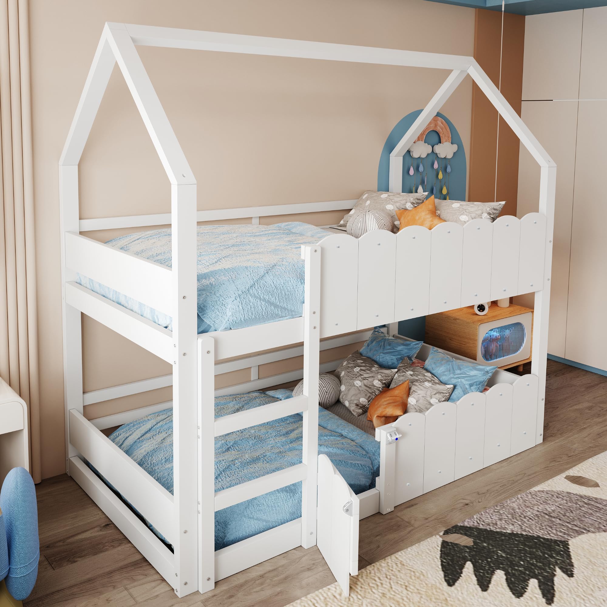 Etagenbett 90x200 cm, Kinderbett mit Fenster | Ohne Matratze, Stockbett mit Sicherheitsgeländern, Holzbett mit Hausförm, Bett für Kinder Mädchen Weiß