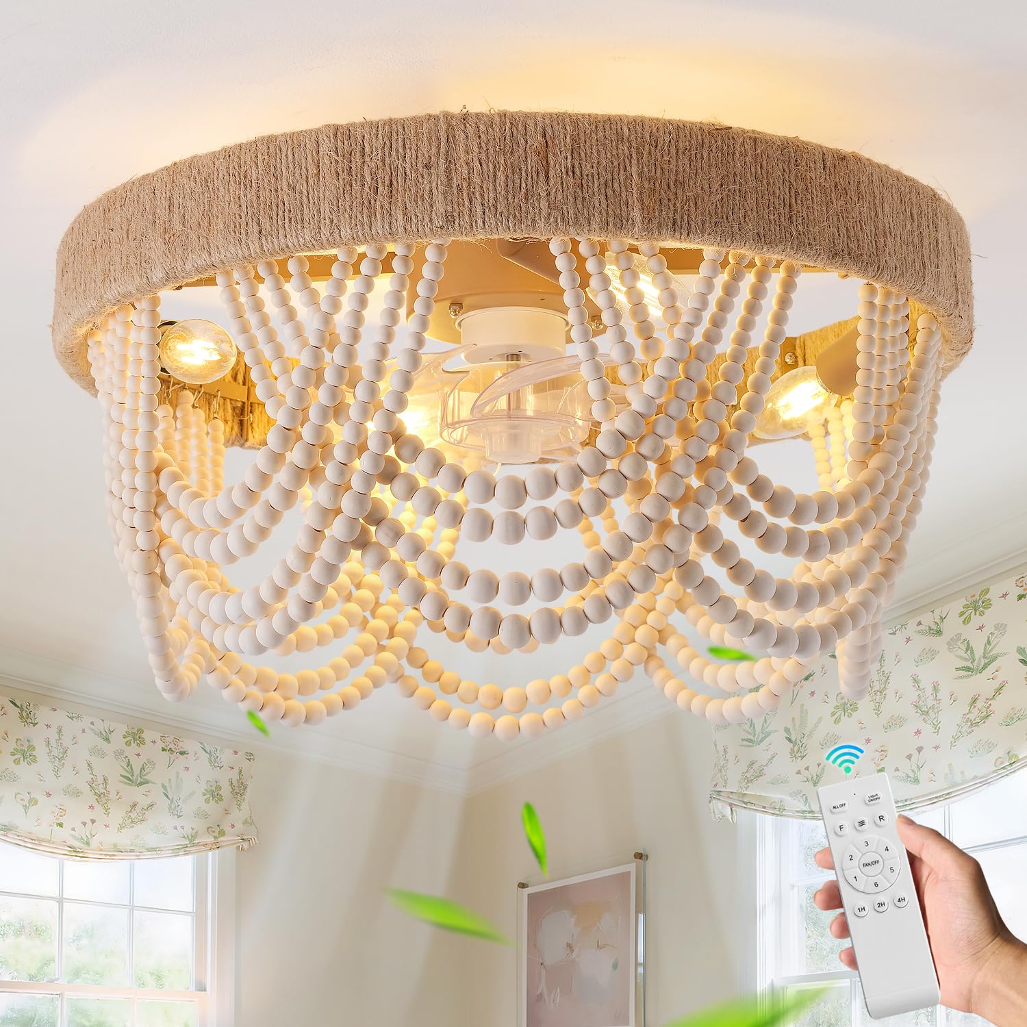 Photo 1 of 20" Boho Ceiling Fan with Light, Coastal Flush Mount Fandelier Ceiling Fans with Lights and Remote Control,Enclosed Beaded Caged with 6 Speeds for Bedroom Nursery Living Room