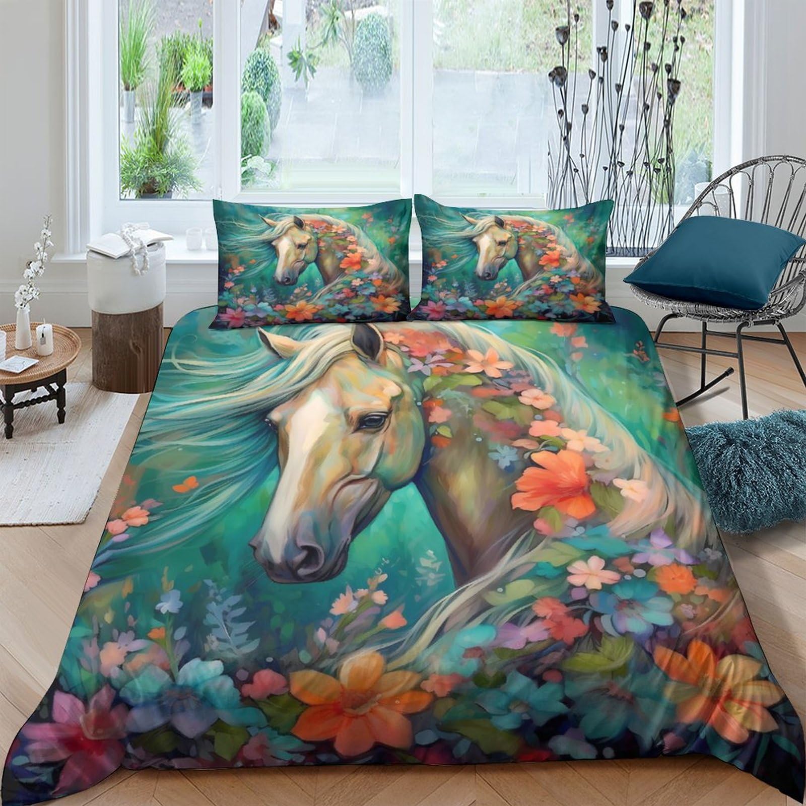 Parure de couette fleurs et chevaux King Size en microfibre imprimée 3D de qualité supérieure