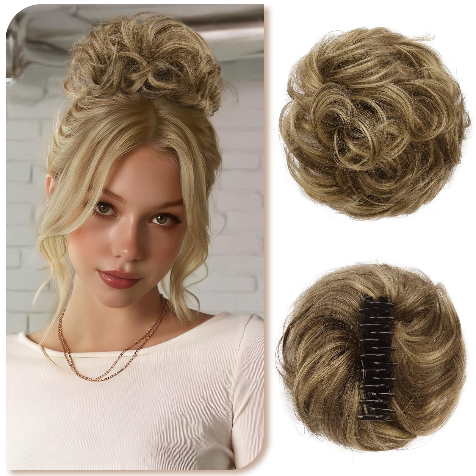 Sofeiyan Chignon in Capelli Umani,Chignon Voluminoso e Riccio con Fermaglio,Estensioni con Clip a Riccioli Ondulati per Donna, Clip in Claw Hair Scrunchies(Castano Chiaro con Riflessi Biondo Beige)