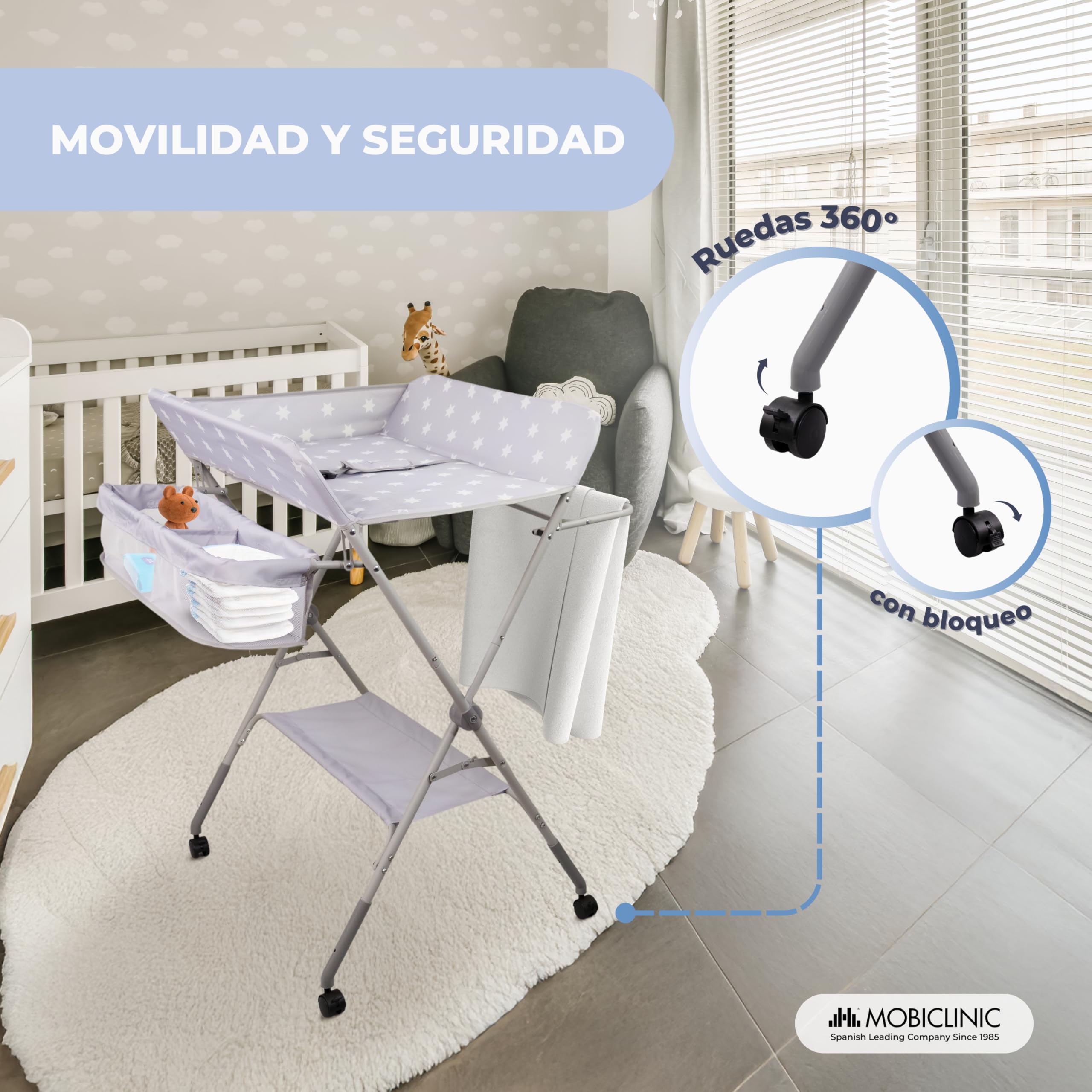 Mobiclinic®, Cambiador Bebé, Plegable, Regulable en Altura, Hasta 15 Kg, 0-36 Meses, Organizador de Pañales, Ruedas 360º con Freno, Arnés y Valla de Seguridad, Funda Lavable, Almacenaje, Zoey